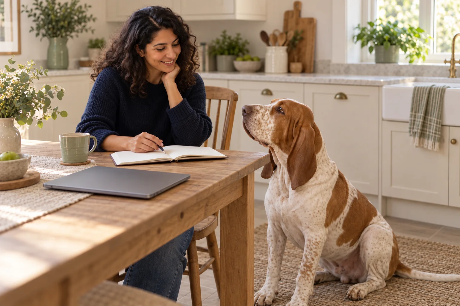 The same owner reviewing a blank notebook while the hound rests beside her.
