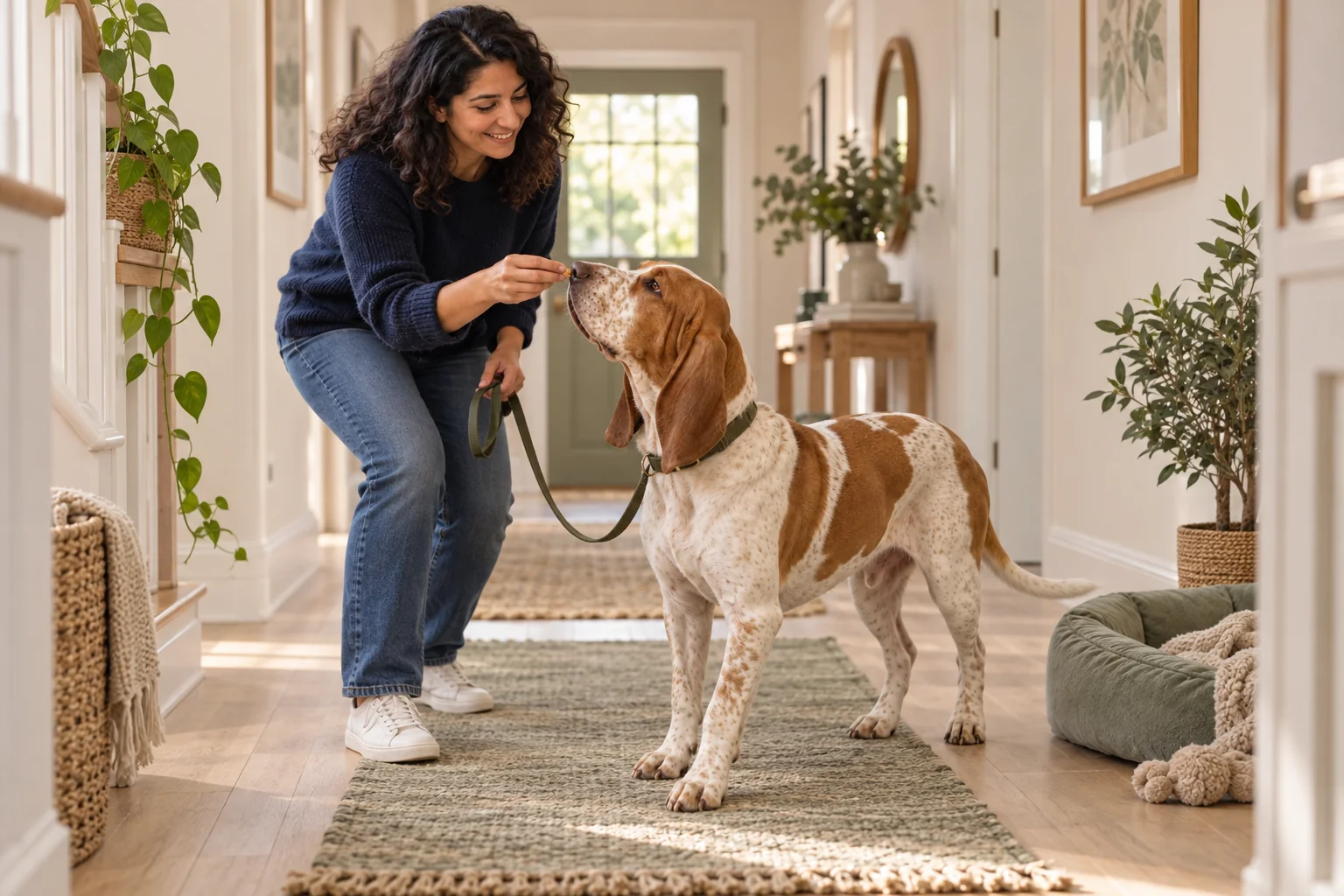 The same owner testing one calm lesson with her hound in a hallway.