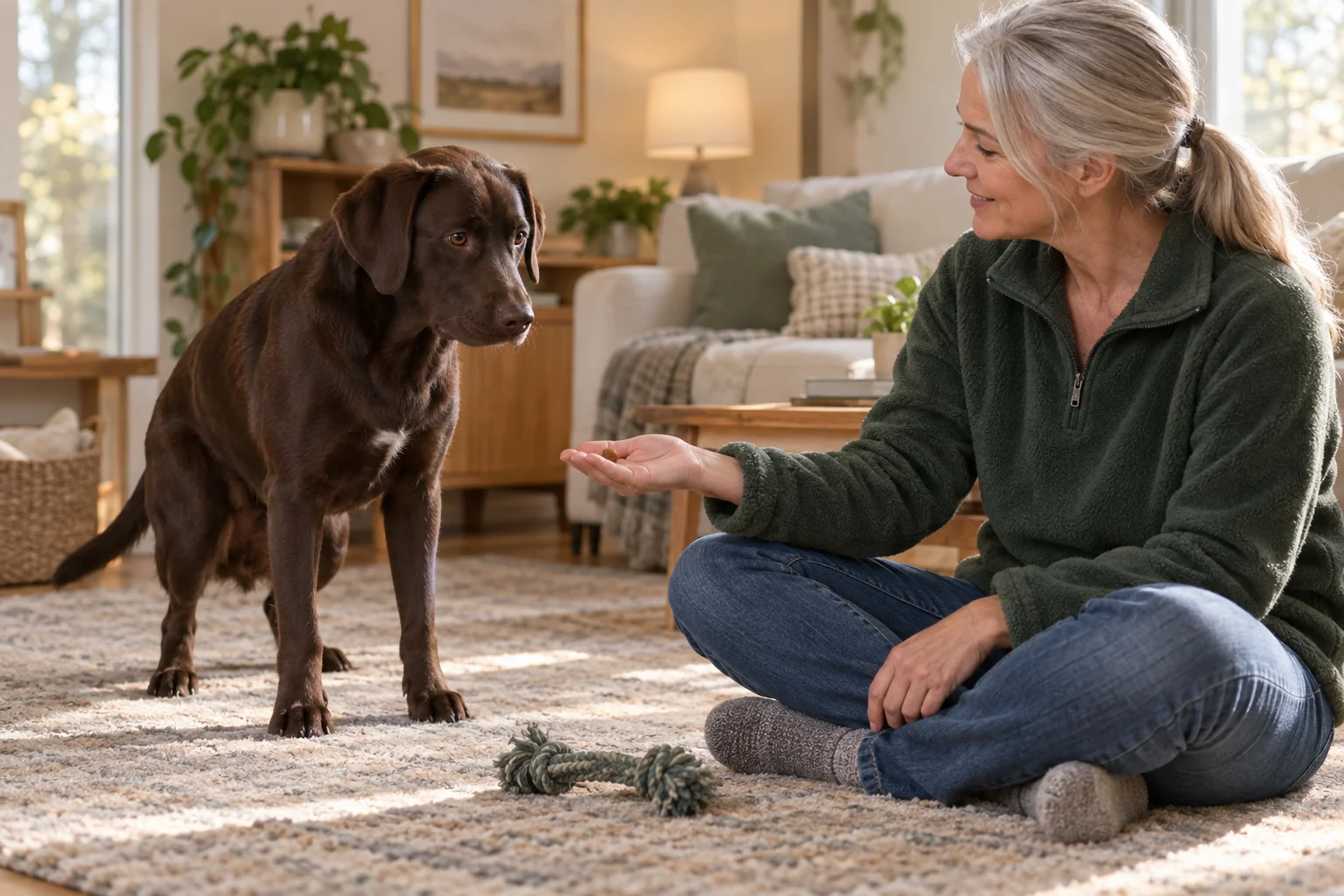 A Labrador chooses between a safe training treat and a toy during a simple preference test.