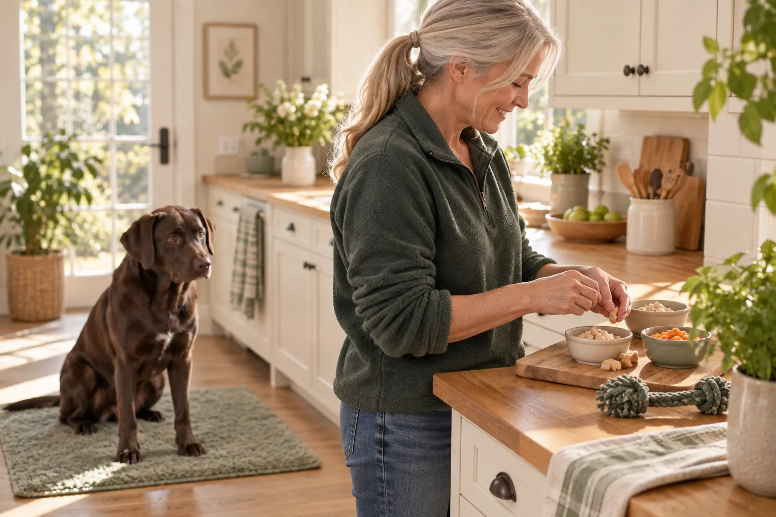 The same owner prepares different safe reward options for her Labrador before training.