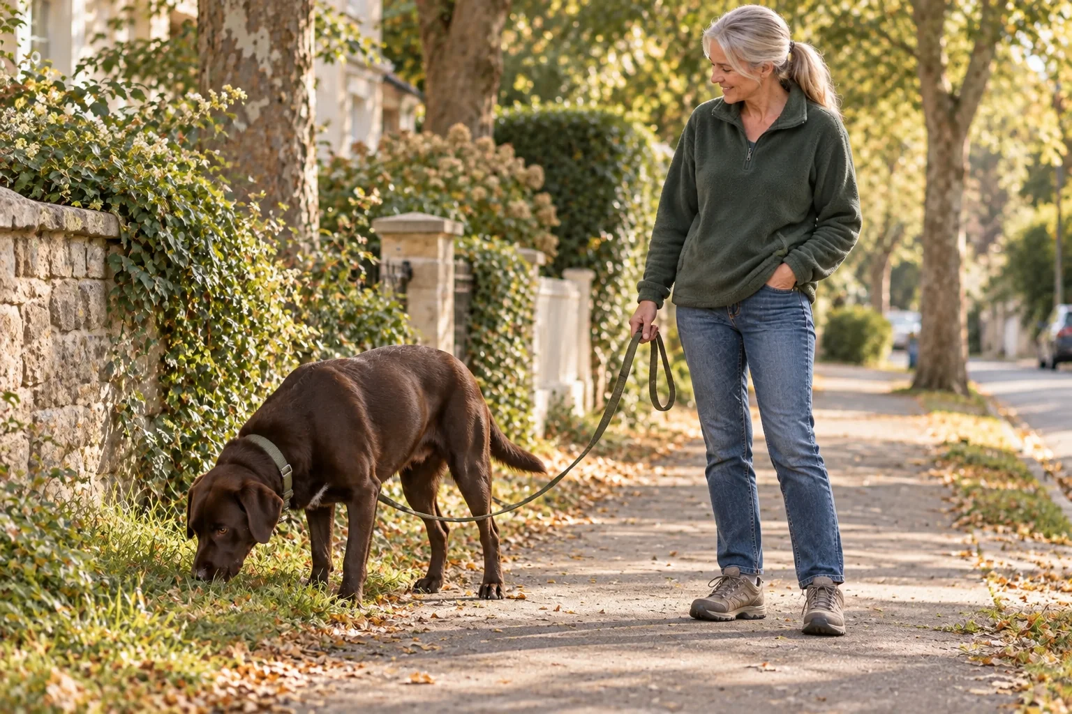 The same Labrador is rewarded with permission to sniff after walking calmly.