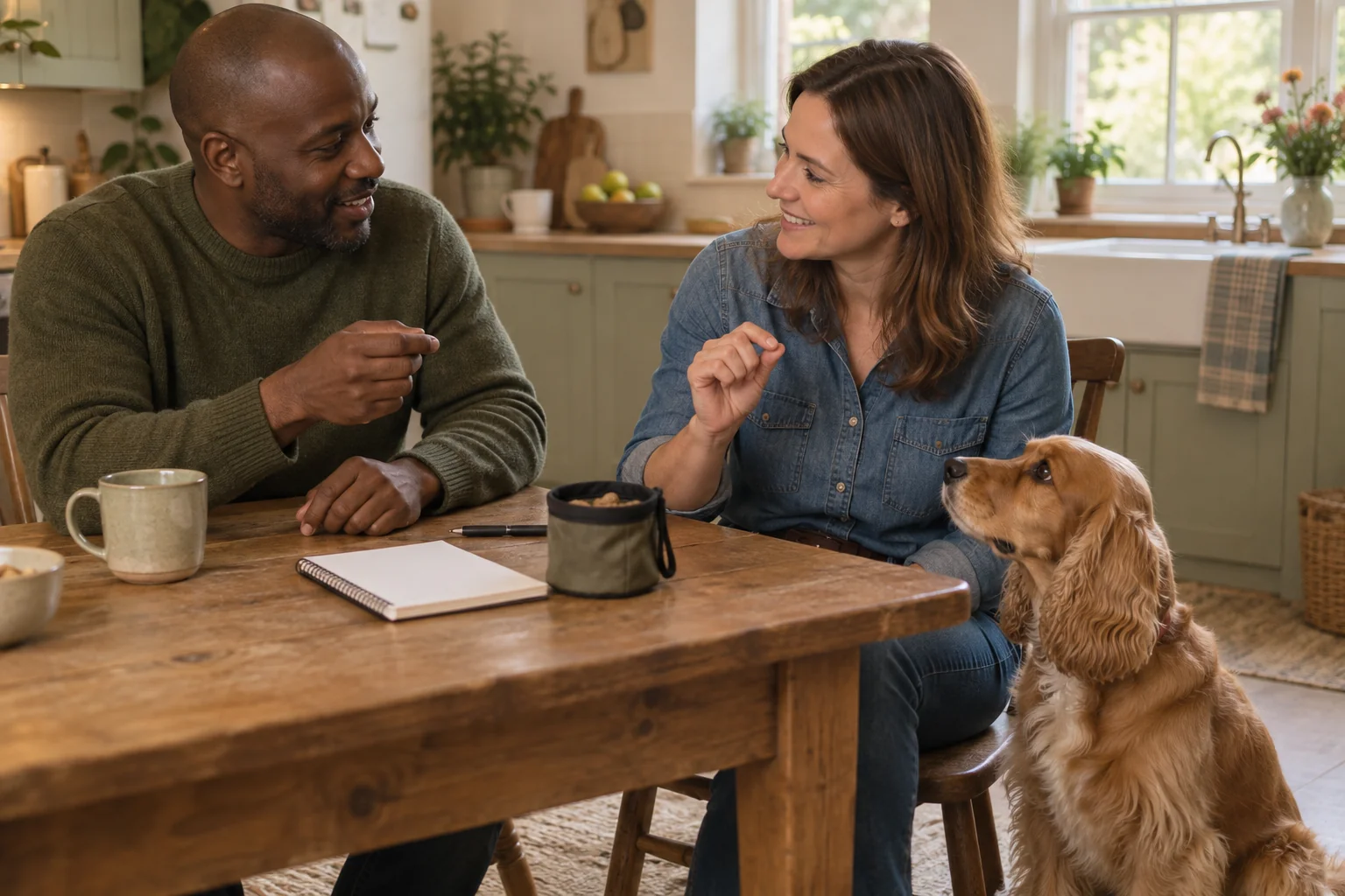 Two adult owners agree a simple cue routine while their cocker spaniel sits nearby.