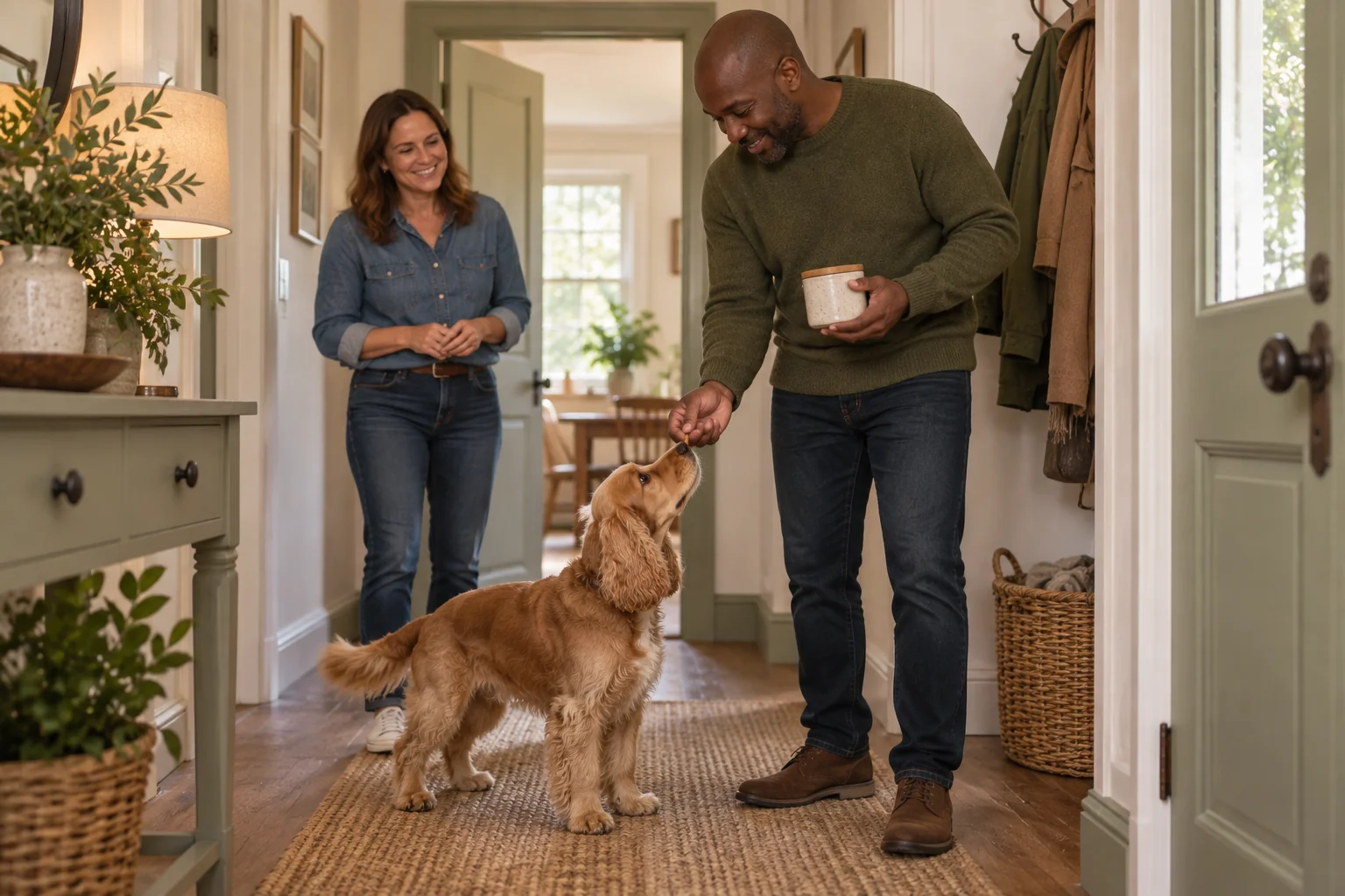 The same two owners reward their spaniel calmly at the front door.