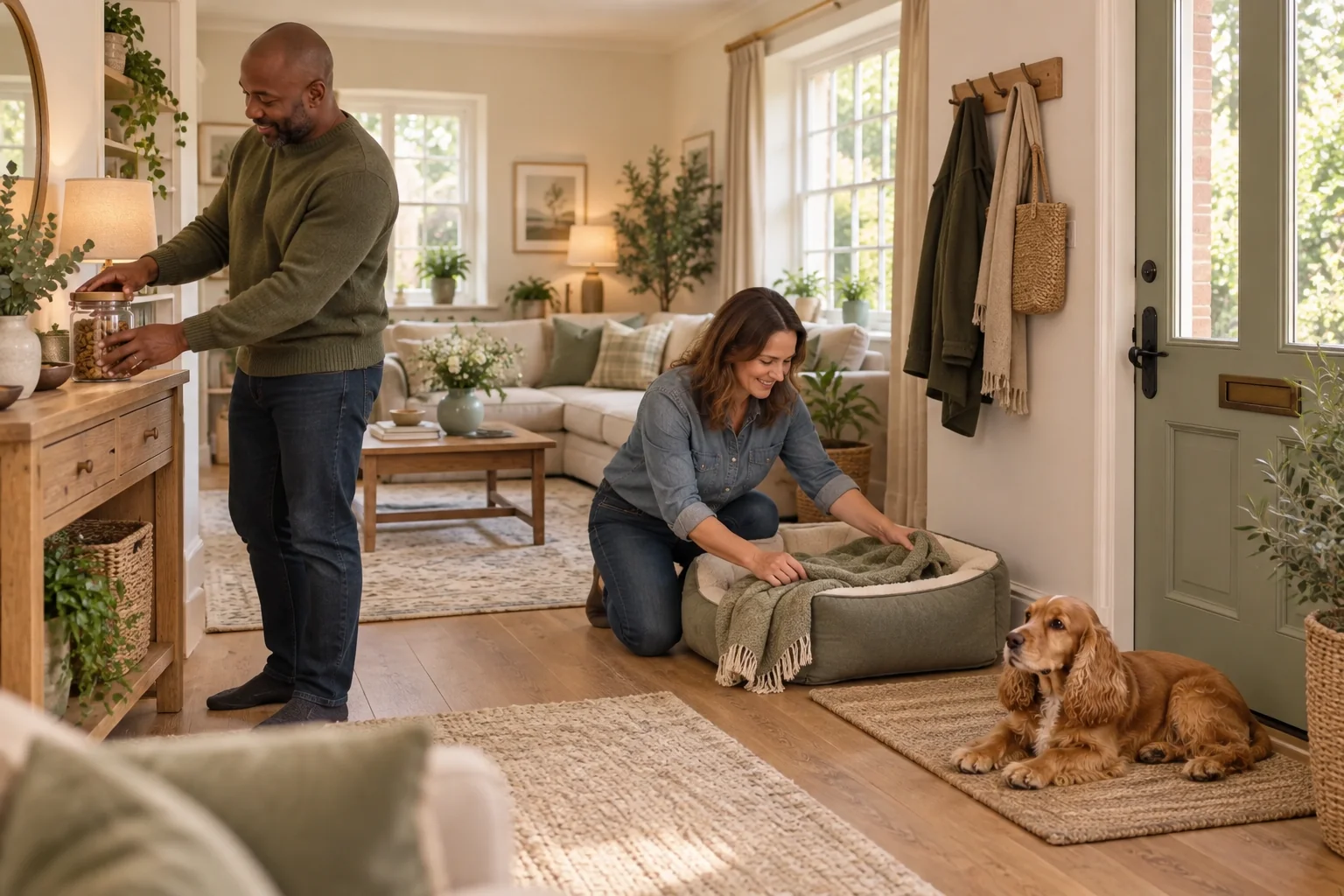 The same household has set up a mat and rewards so the spaniel can succeed.