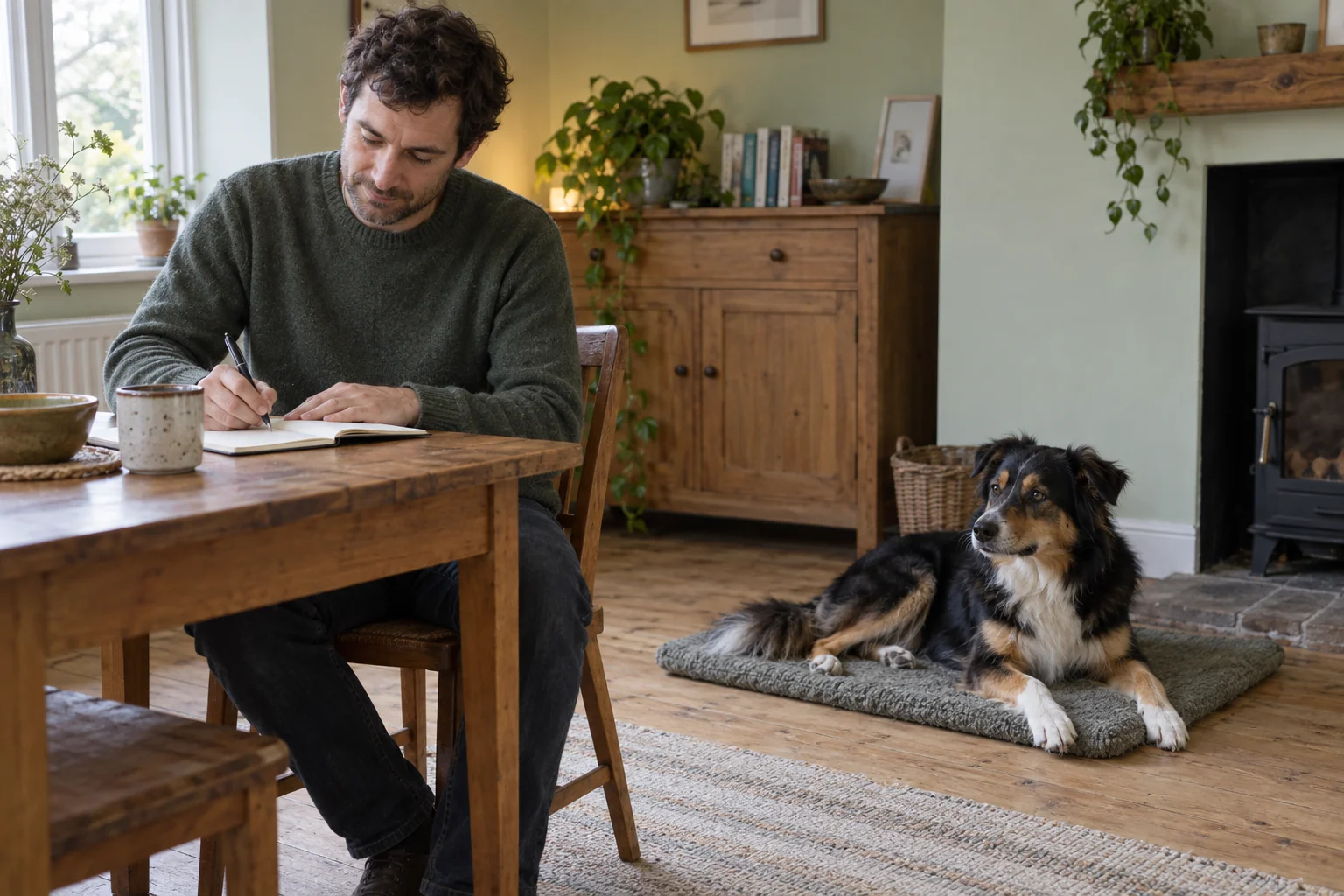 The owner writes a note while the dog rests comfortably on a mat nearby.