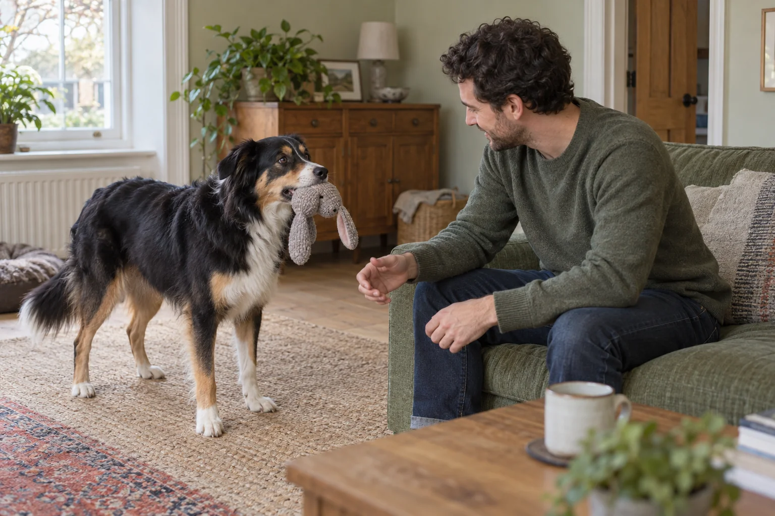 The dog calmly holds a soft toy while the seated owner turns towards it.