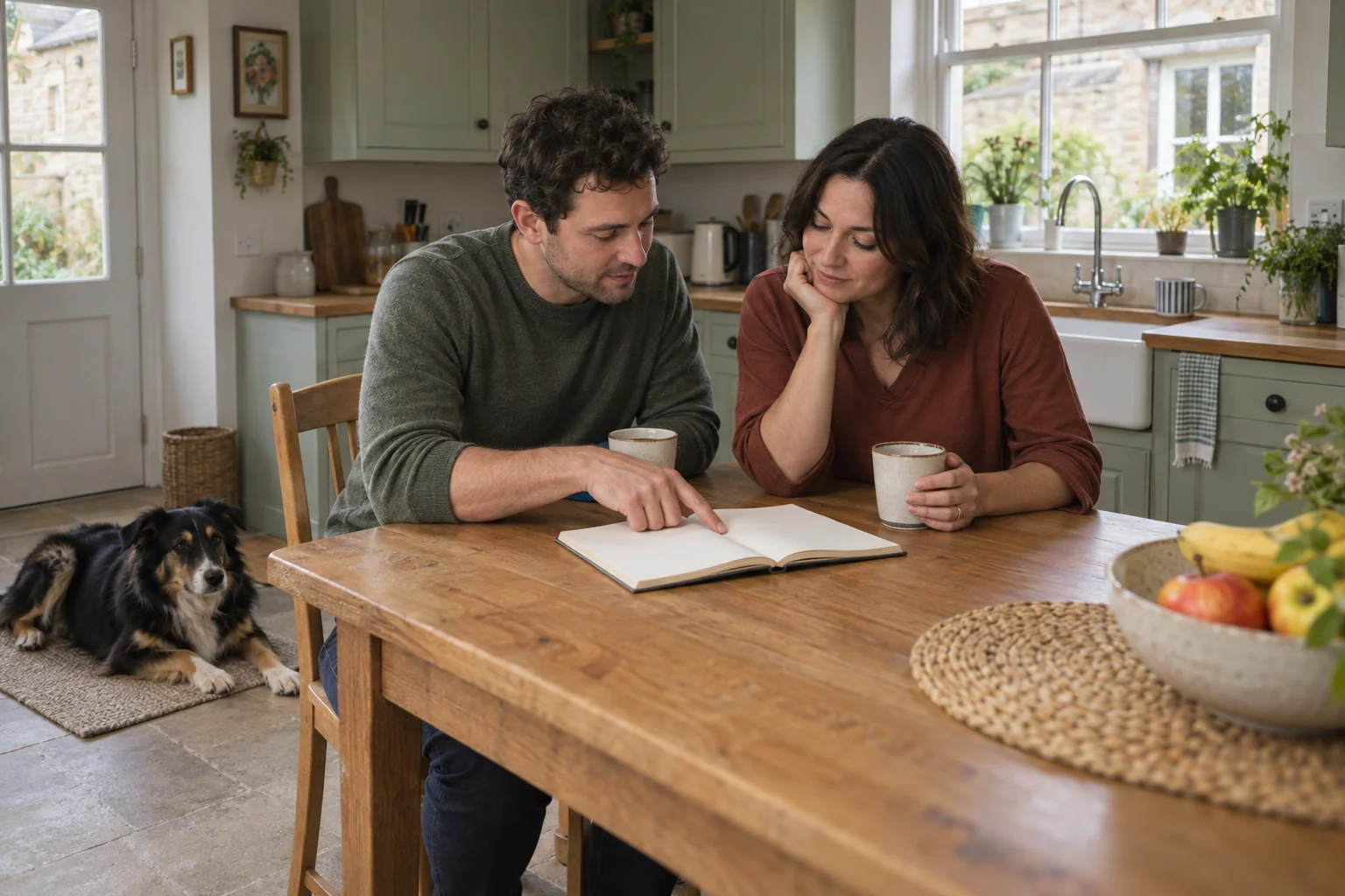Two adults discuss a household plan while the dog rests on a mat beside them.
