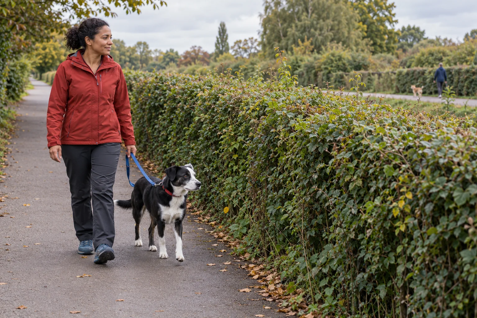 A woman walks with her black-and-white dog beside a hedge, with another dog far beyond it.