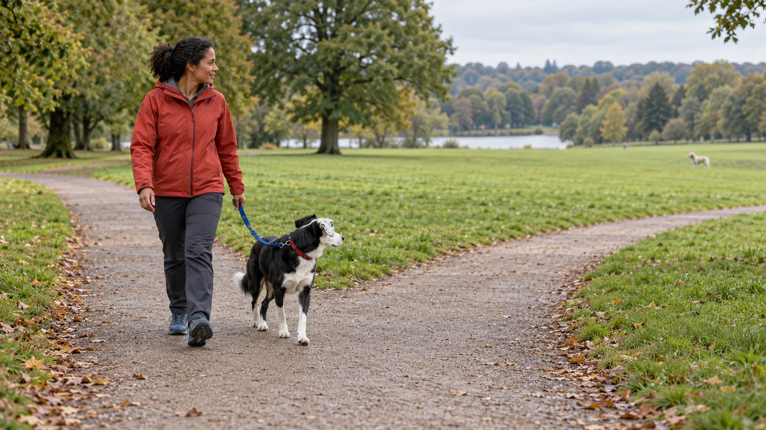 A woman and her black-and-white dog walk at a fork in a wide park path, with another dog far across the grass.