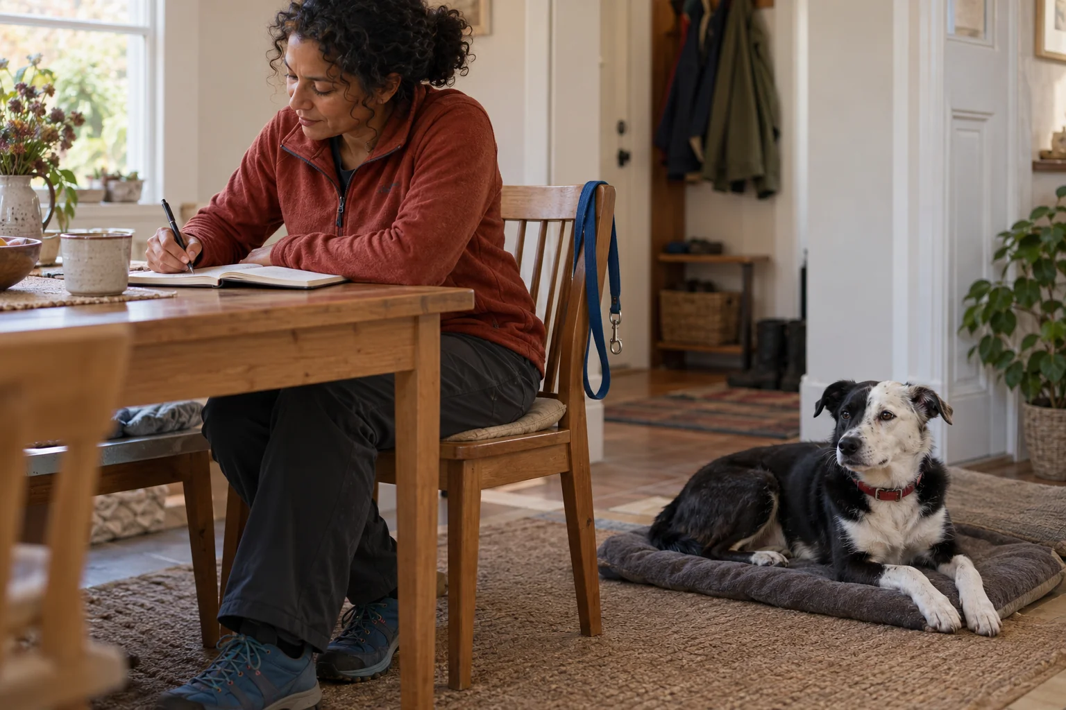 A woman writes in a notebook while her black-and-white dog rests on a mat nearby.