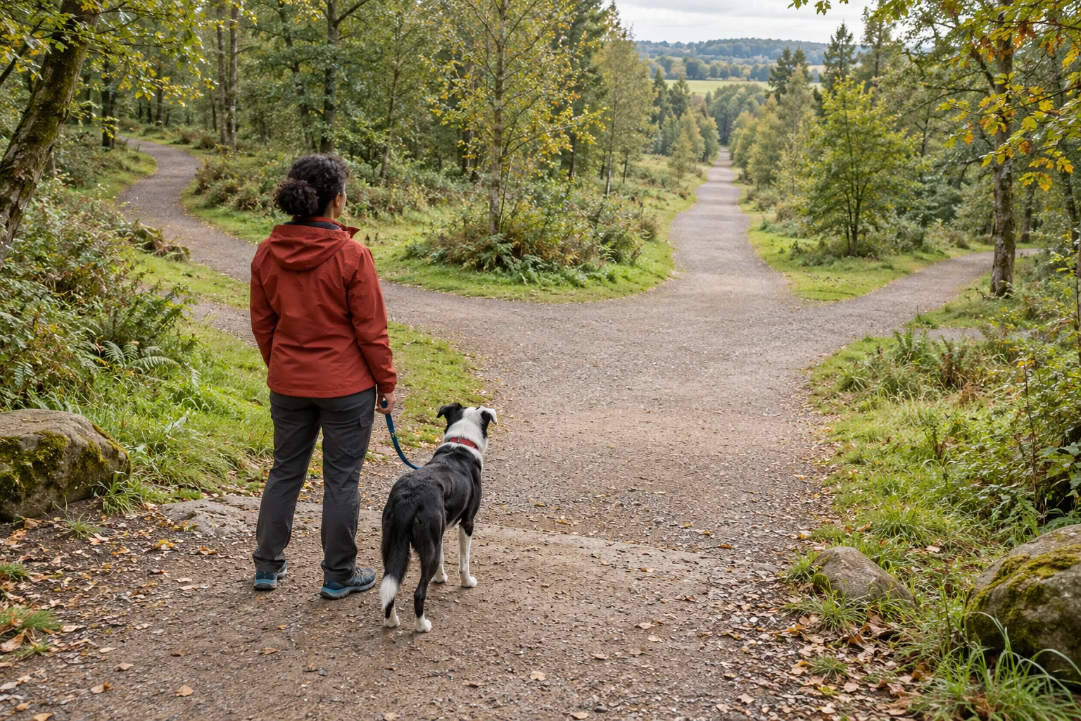 A woman pauses with her black-and-white dog at a broad fork in a wooded path.