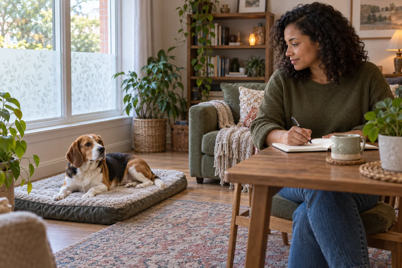 A beagle rests on a mat while its owner records calm window observations.