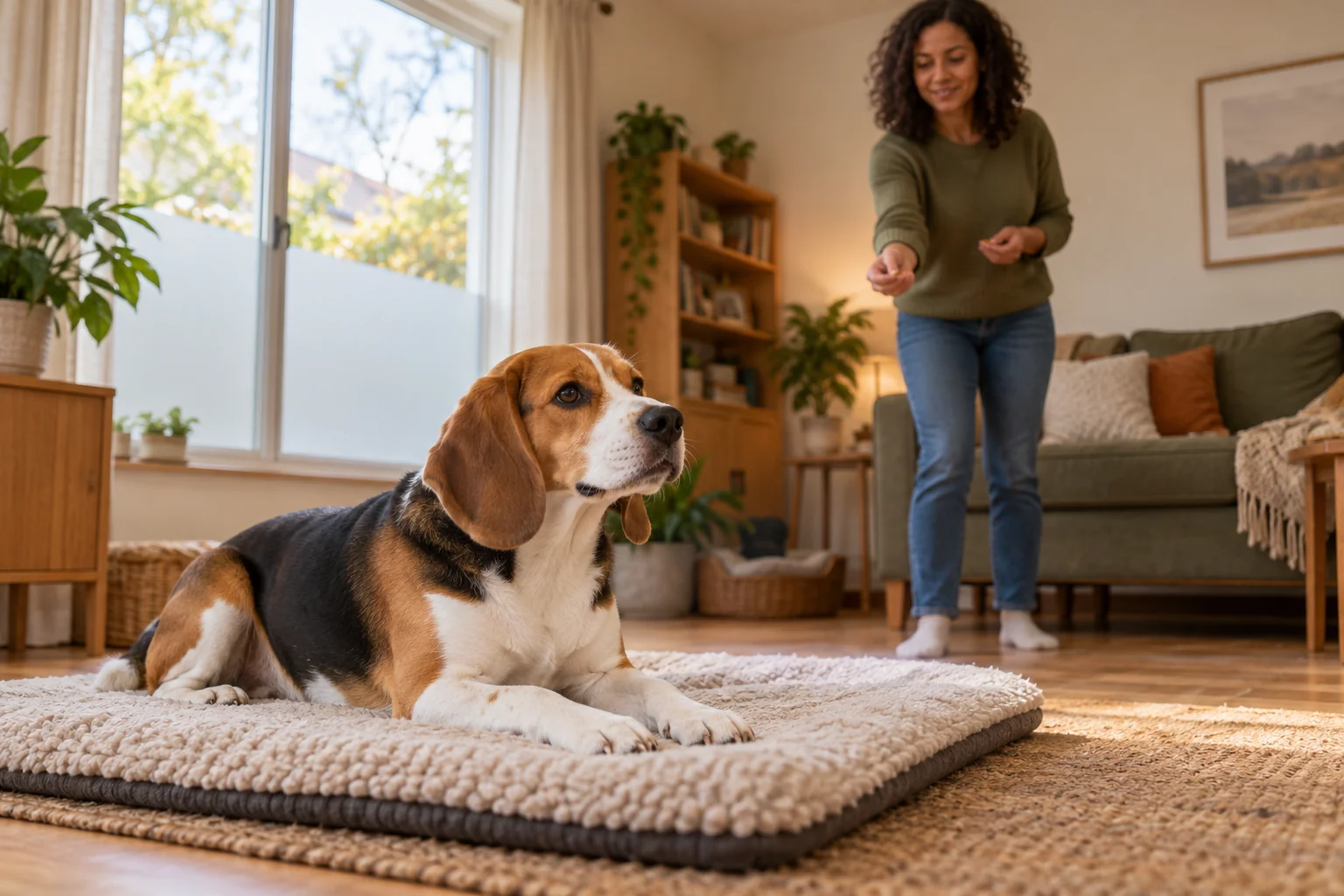 A beagle settles on a mat while its owner calmly offers a reward away from a screened window.