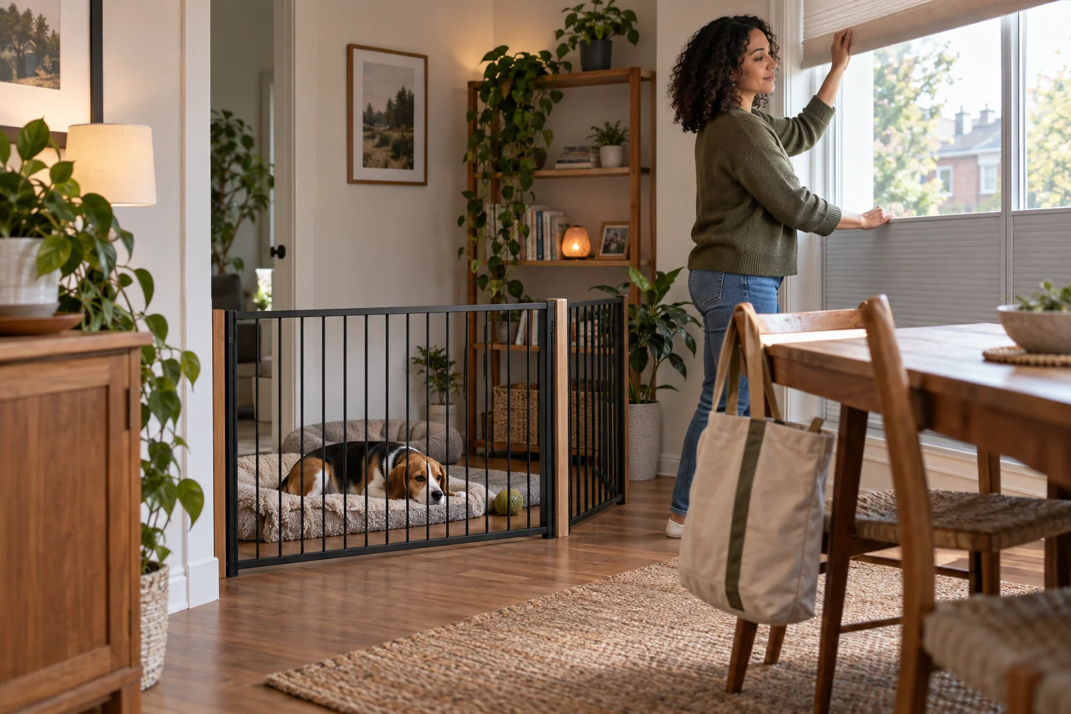 A beagle rests behind a secure indoor gate while its owner closes a blind.