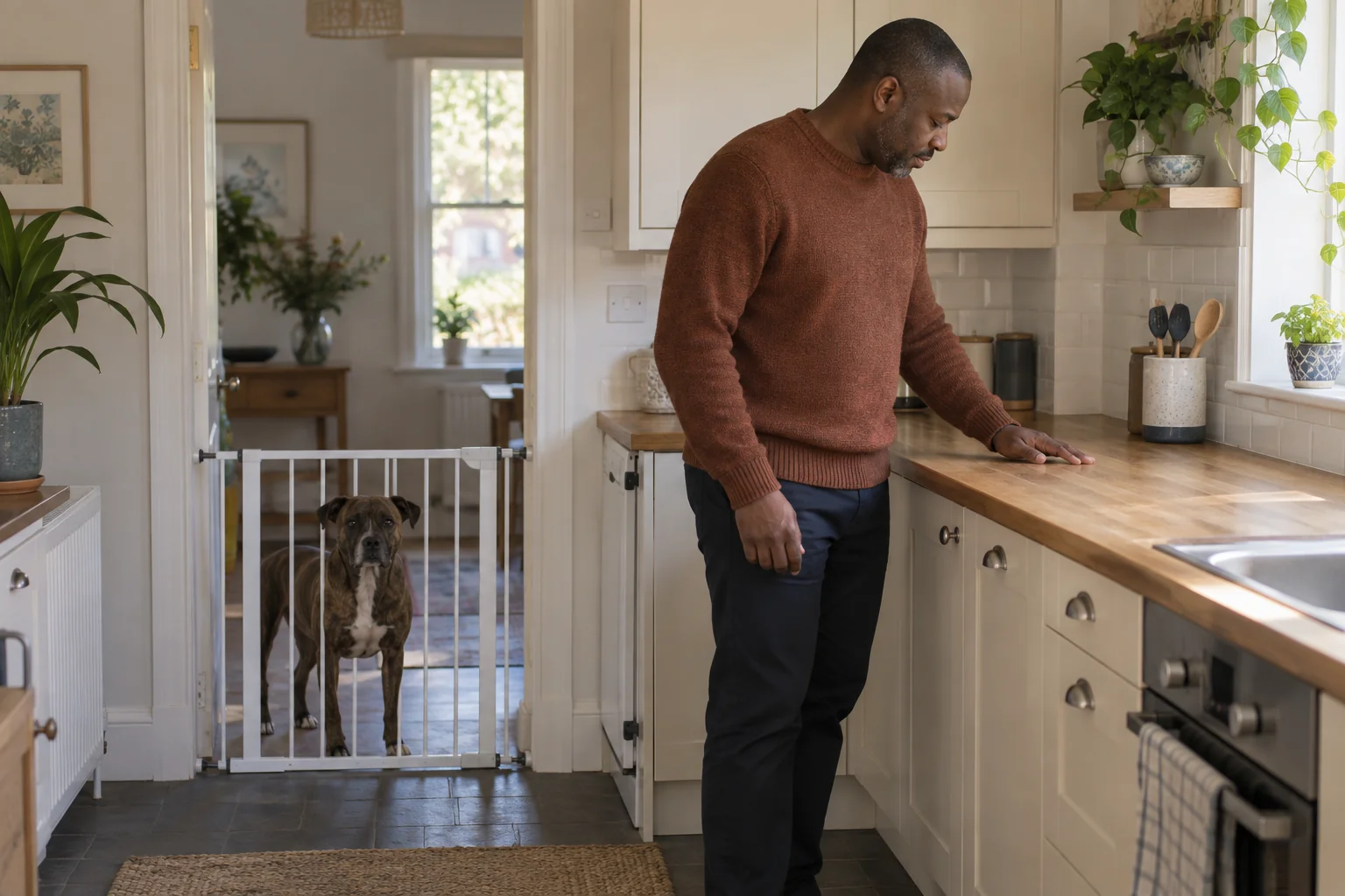 A dog stands behind a doorway gate while an adult is at the kitchen worktop.