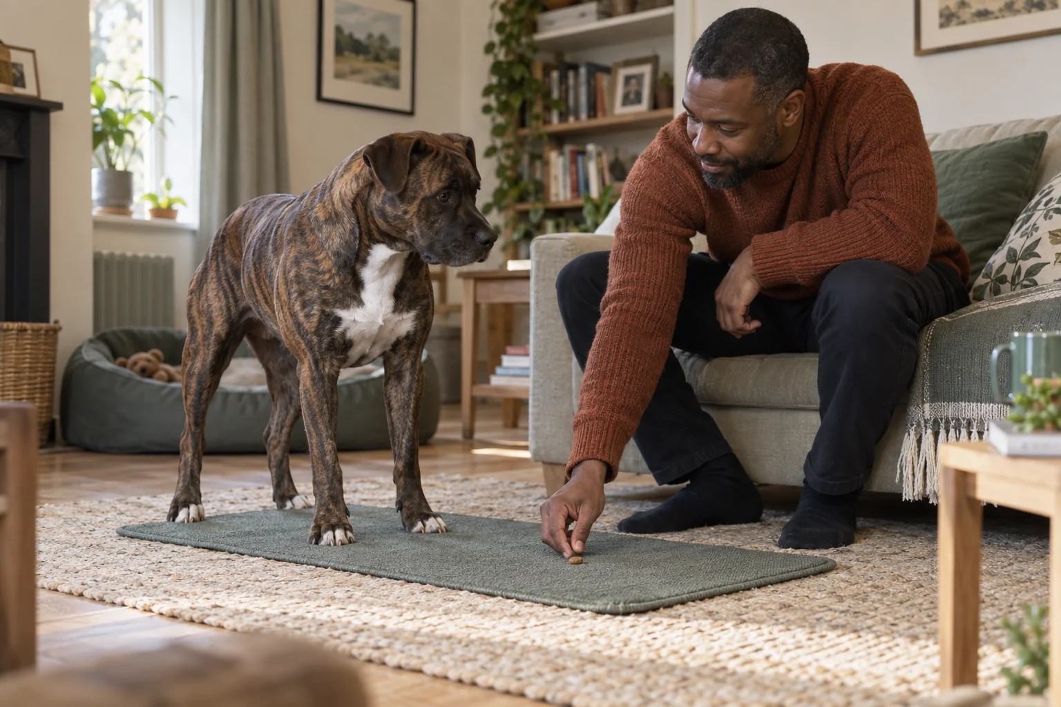 A handler offers a small food reward to a dog standing on a mat in the living room.