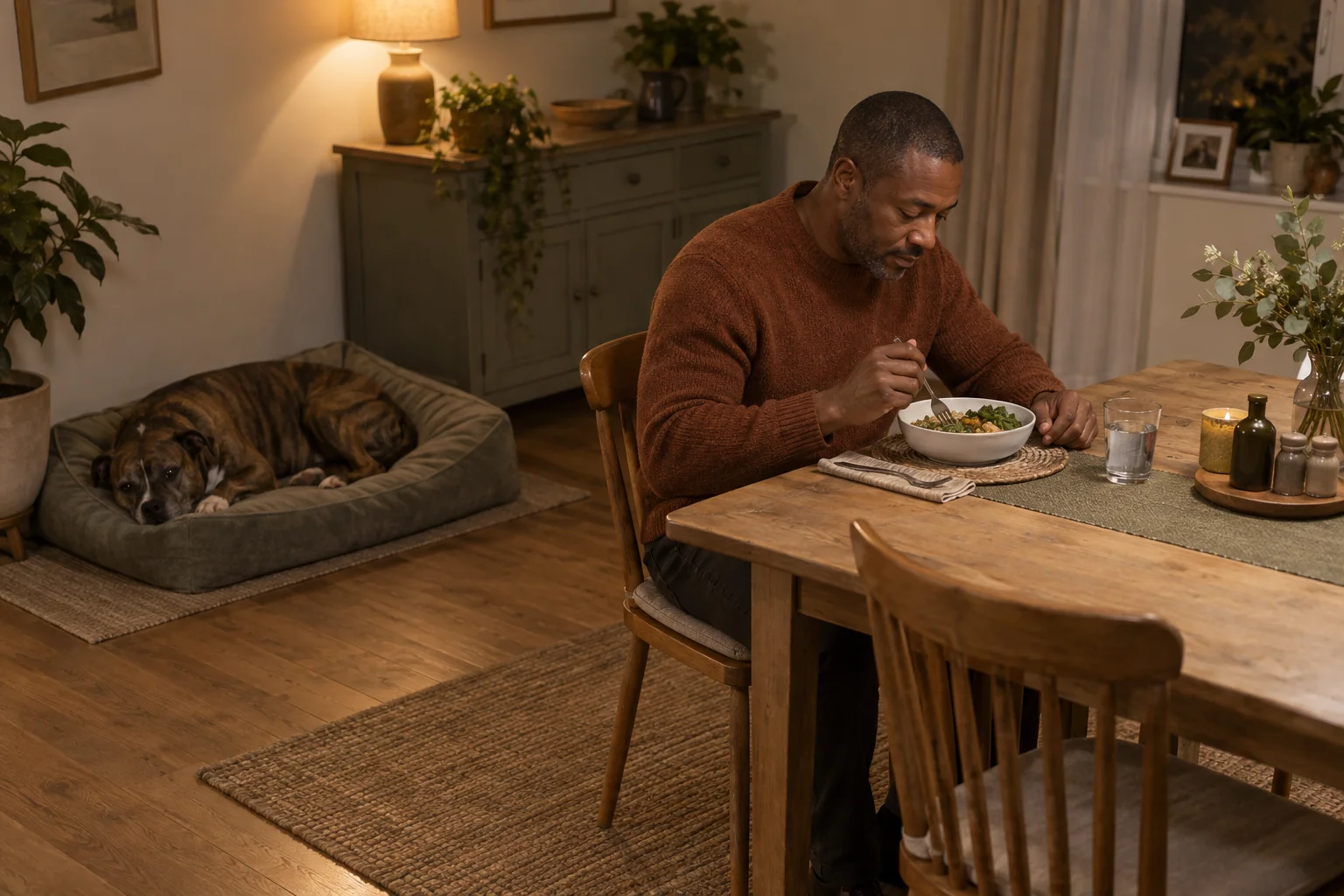 A dog rests on a bed while an adult eats at the dining table.