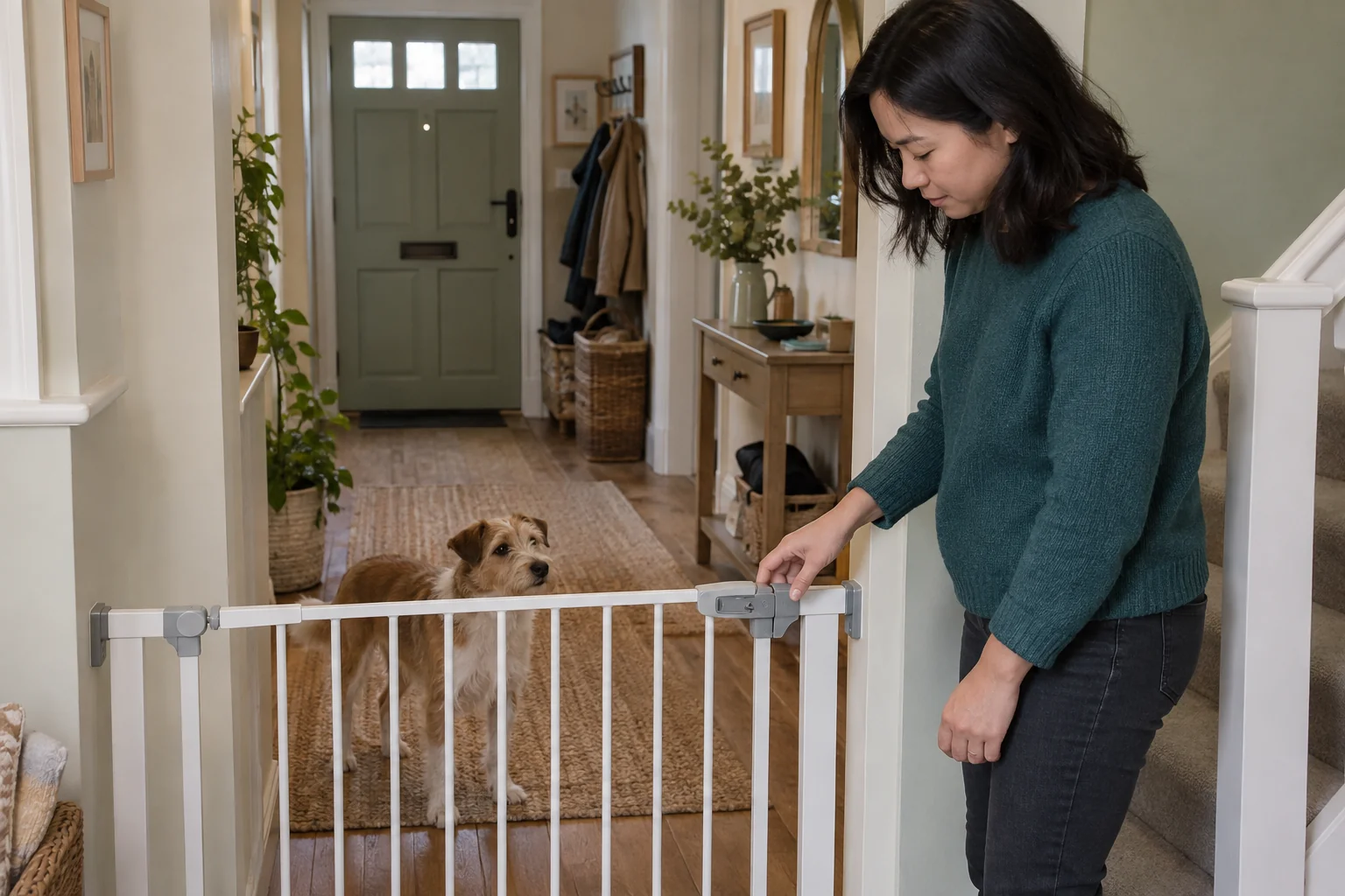 A woman checks the latch of a gate while her terrier waits safely behind it in the hallway.