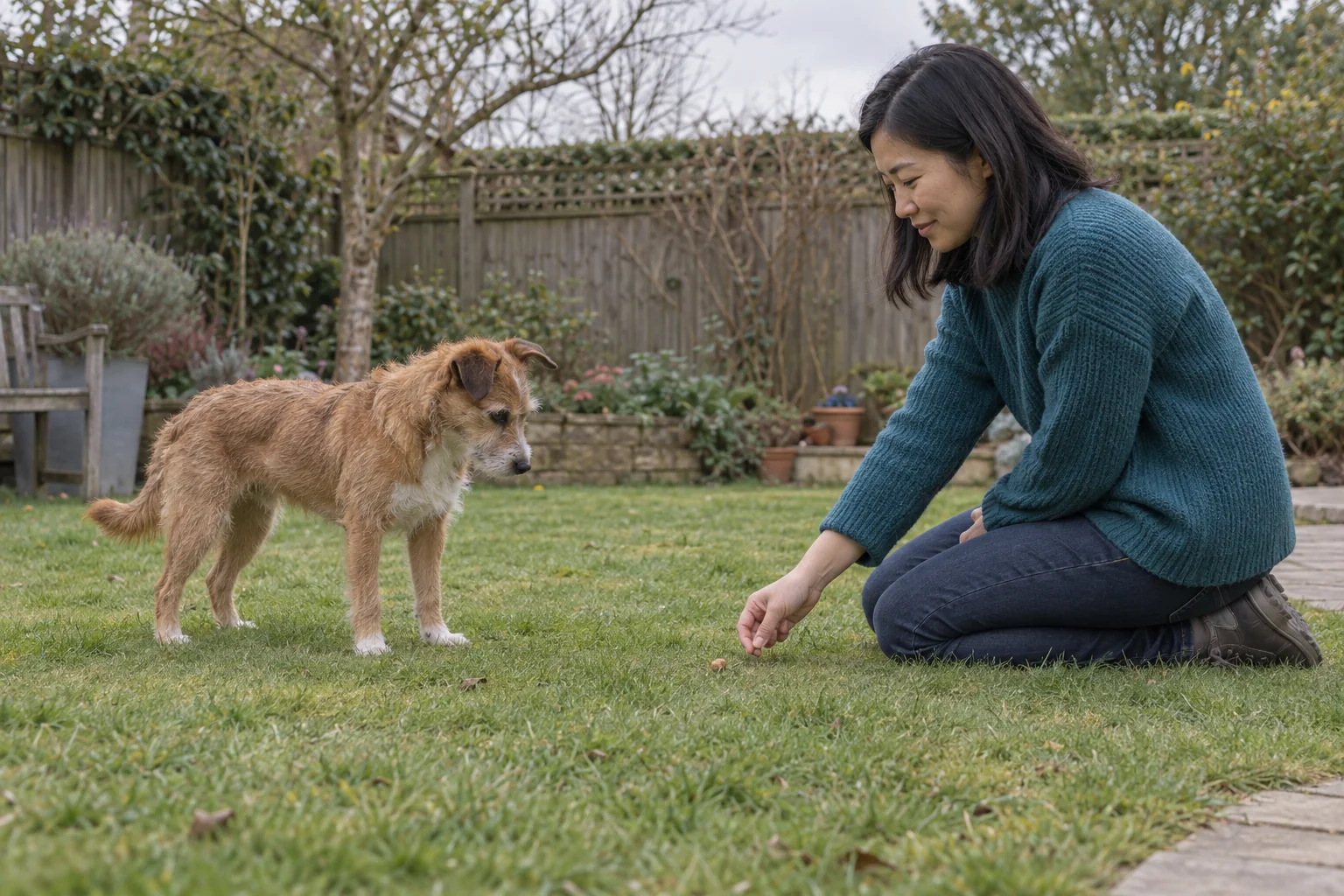 A terrier stands with all four paws on the grass while its owner offers a reward in a quiet garden.