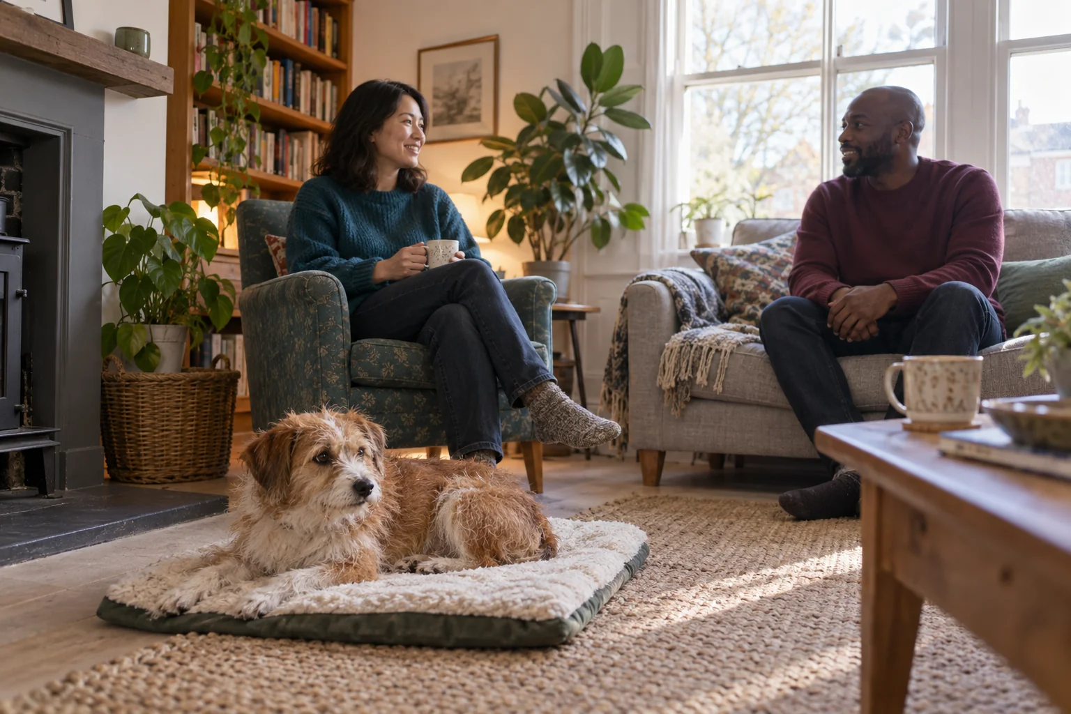 A terrier rests on a mat near its owner while an adult guest sits separately across the room.