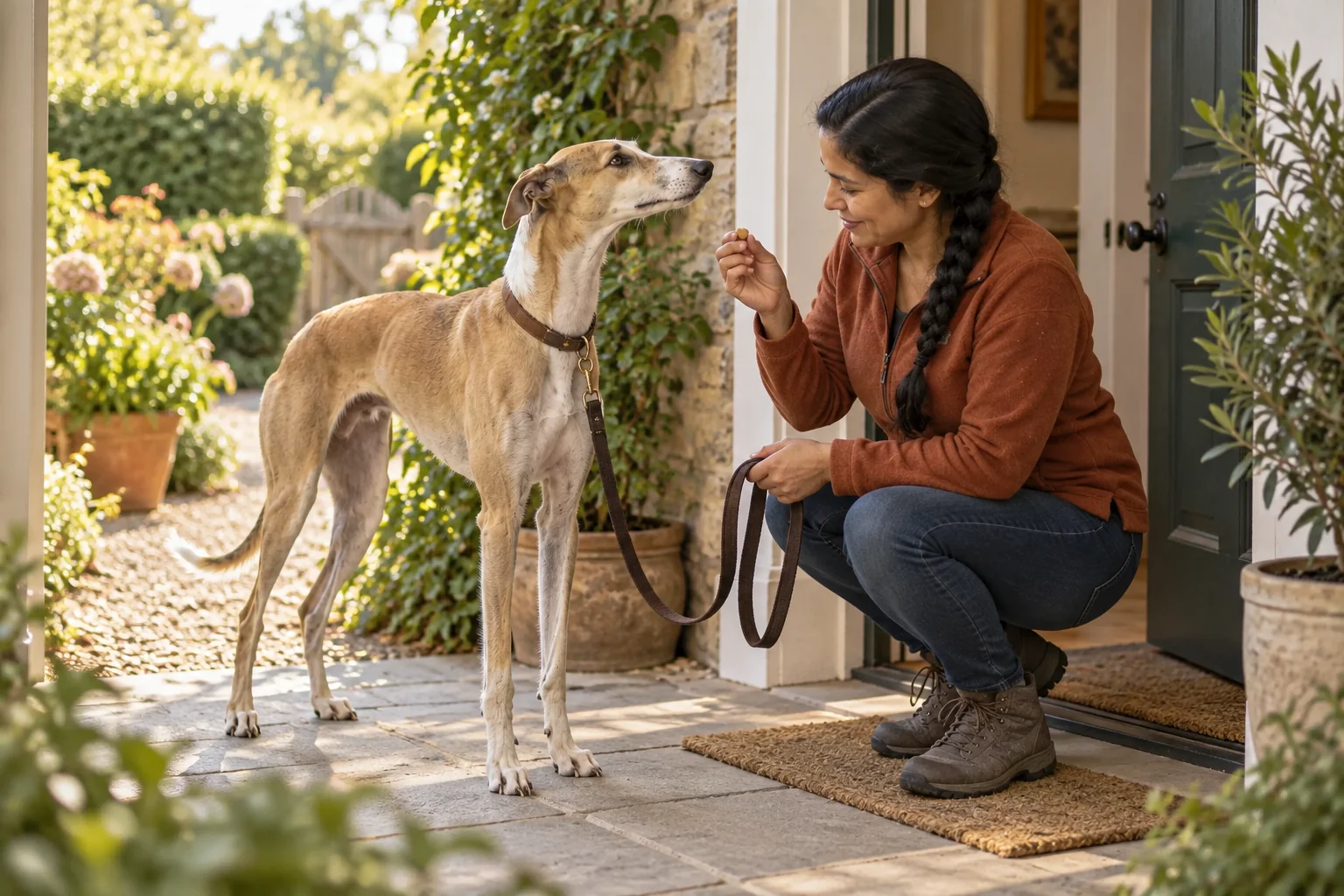 The same owner practises with her lurcher on a quiet doorstep.