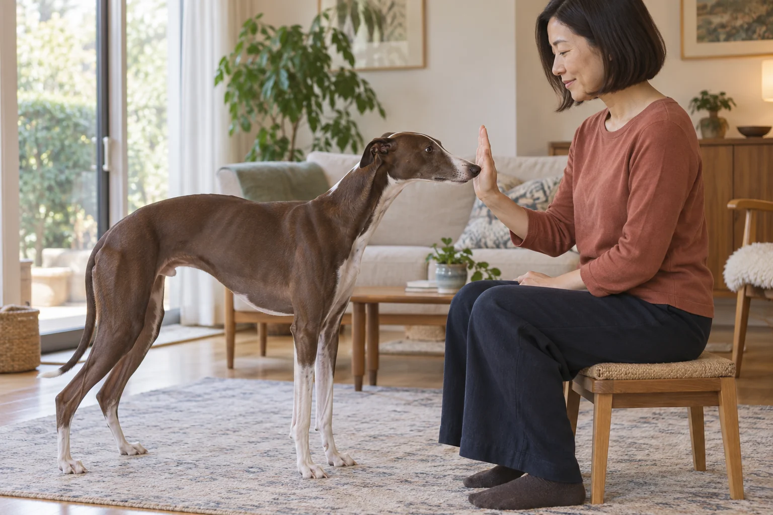 A whippet voluntarily touches an open palm while its owner sits sideways on a low stool.