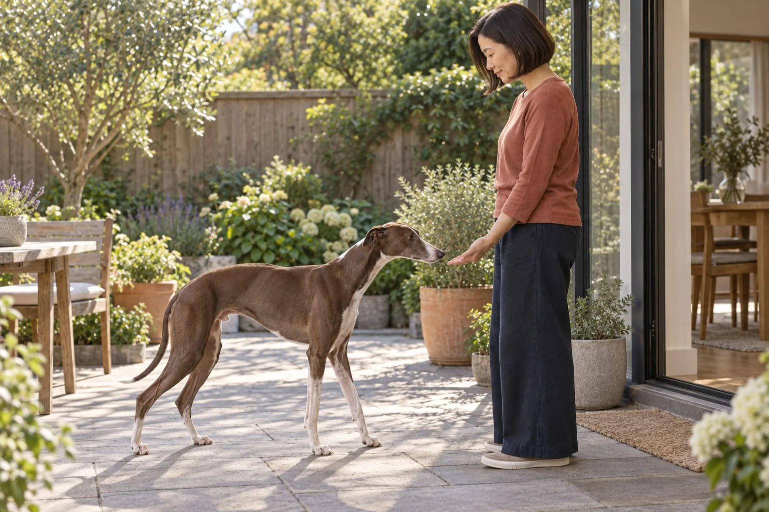 The same owner offers a stationary hand beside her knee as her whippet approaches on a garden patio.