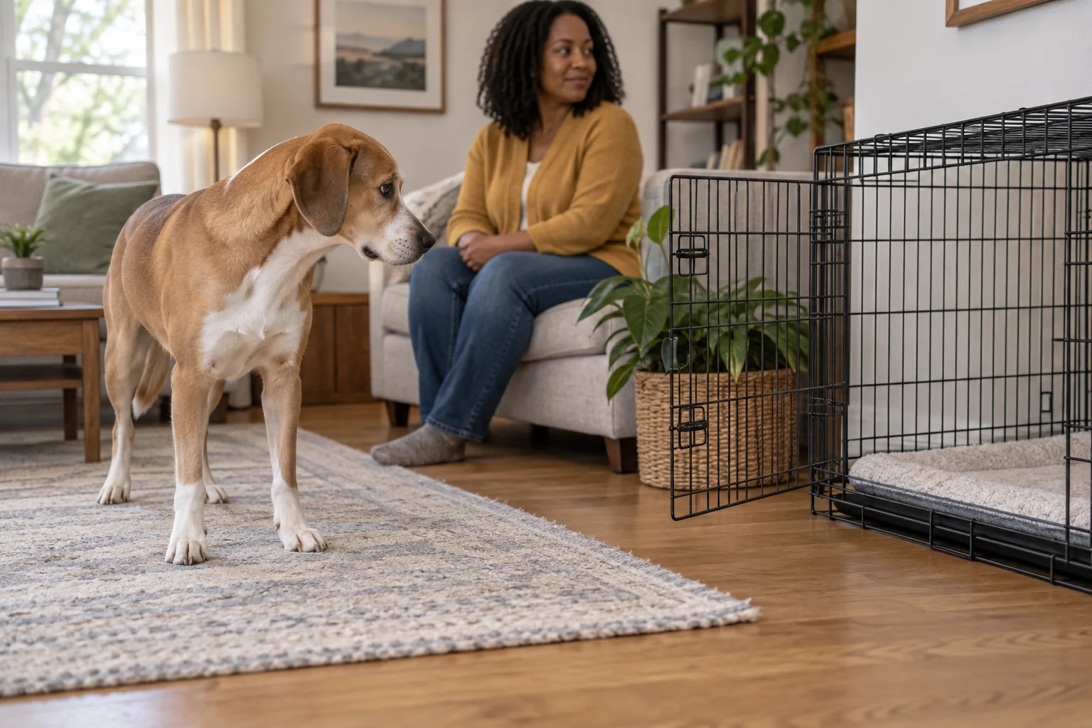 A tan-and-white dog looks towards an open wire crate while its owner sits nearby without reaching towards the dog.