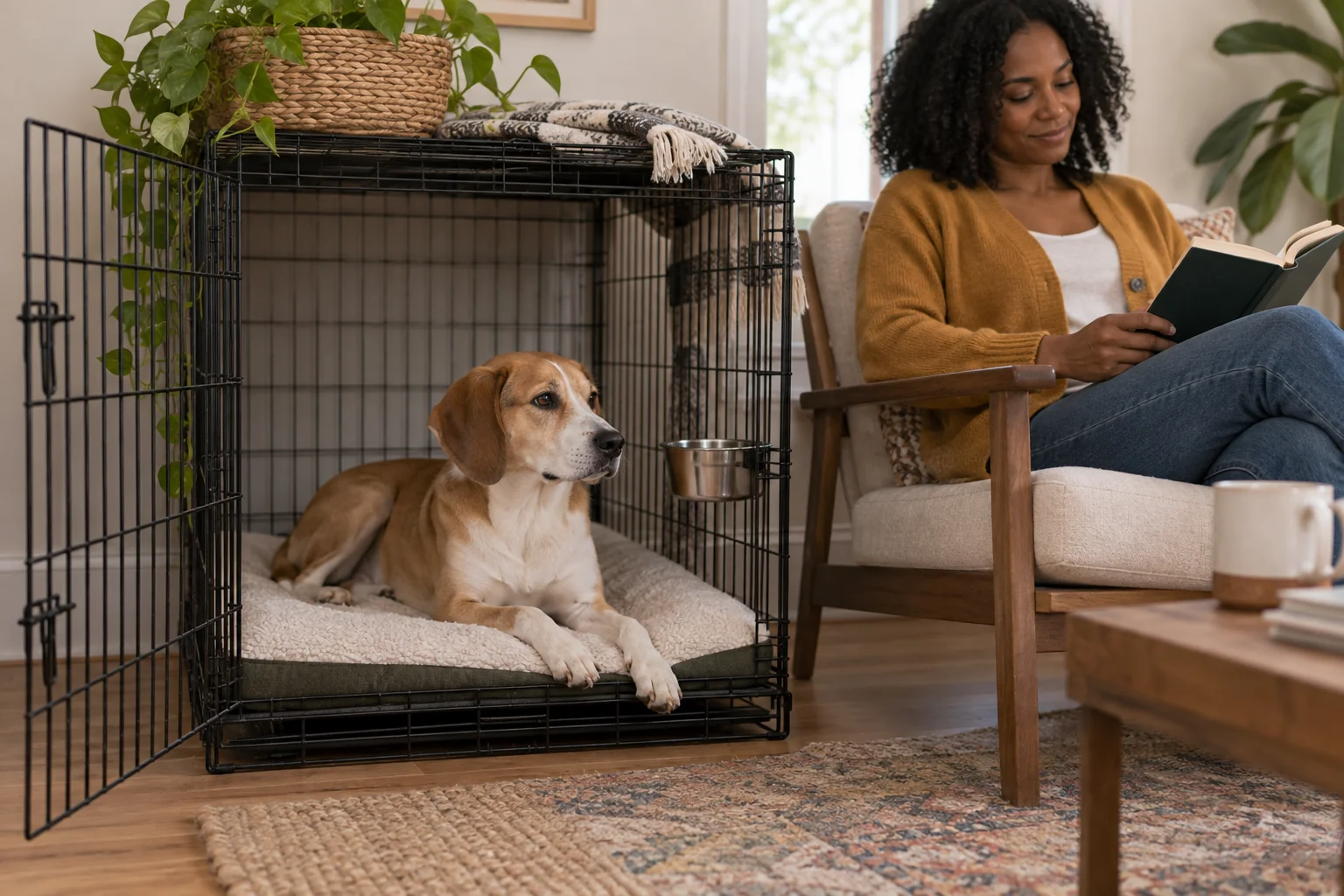 A tan-and-white dog rests on a mat inside a roomy crate whose entrance remains fully open, with the handler reading nearby.