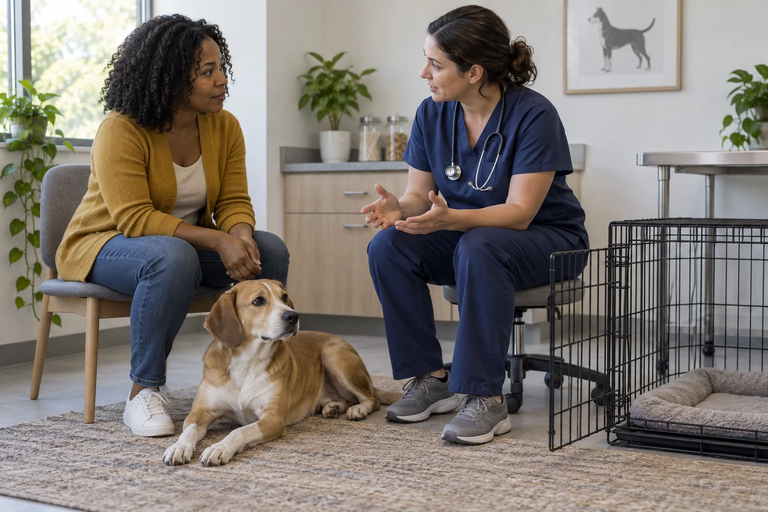 A dog rests beside its owner during a veterinary consultation, with an open crate nearby.