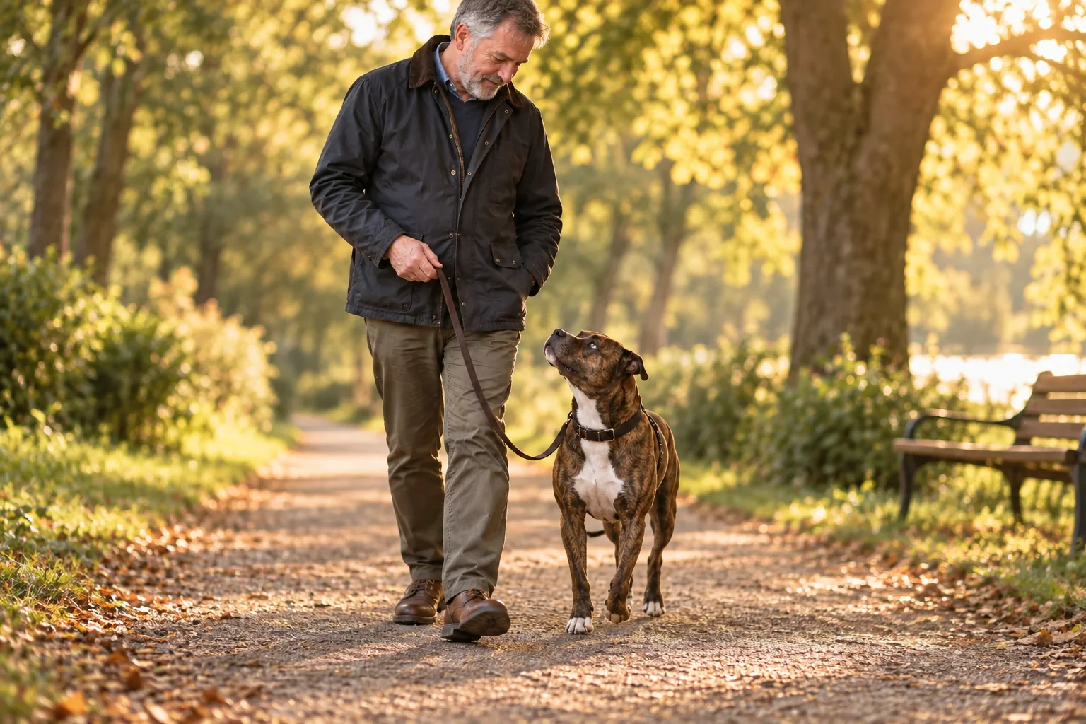 The same owner and dog walk calmly together on a loose lead along a quiet path.