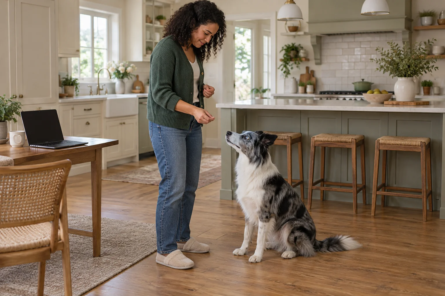 A border collie and owner practising calmly in a kitchen with a laptop nearby.