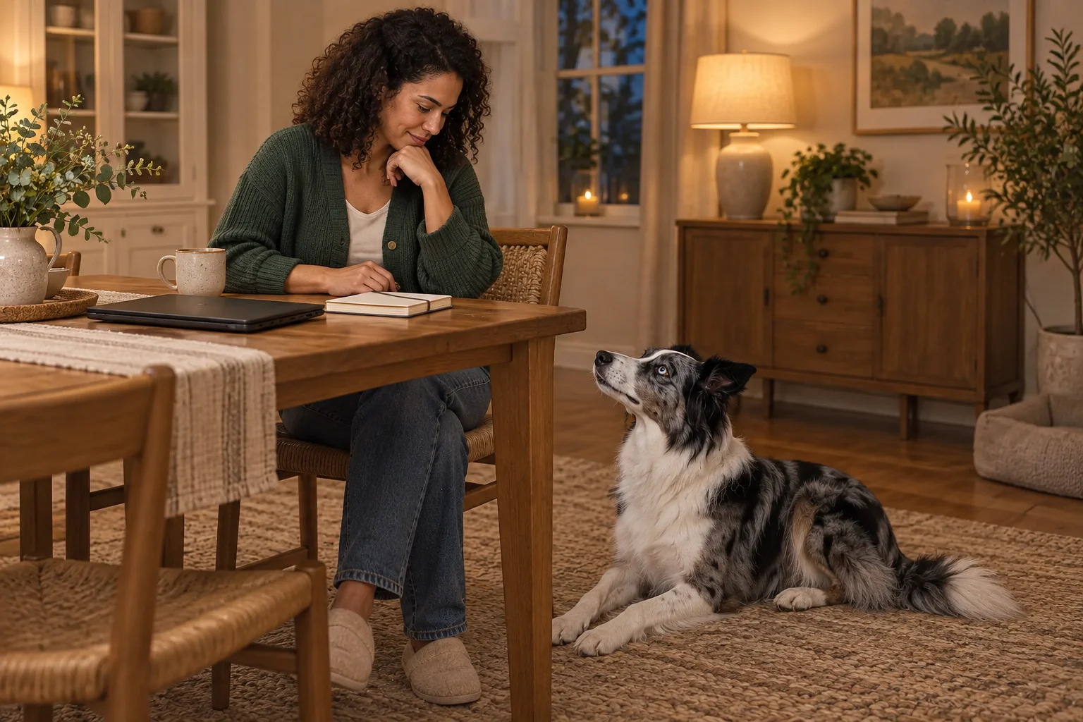 The same owner relaxing at a table while the same border collie rests nearby.