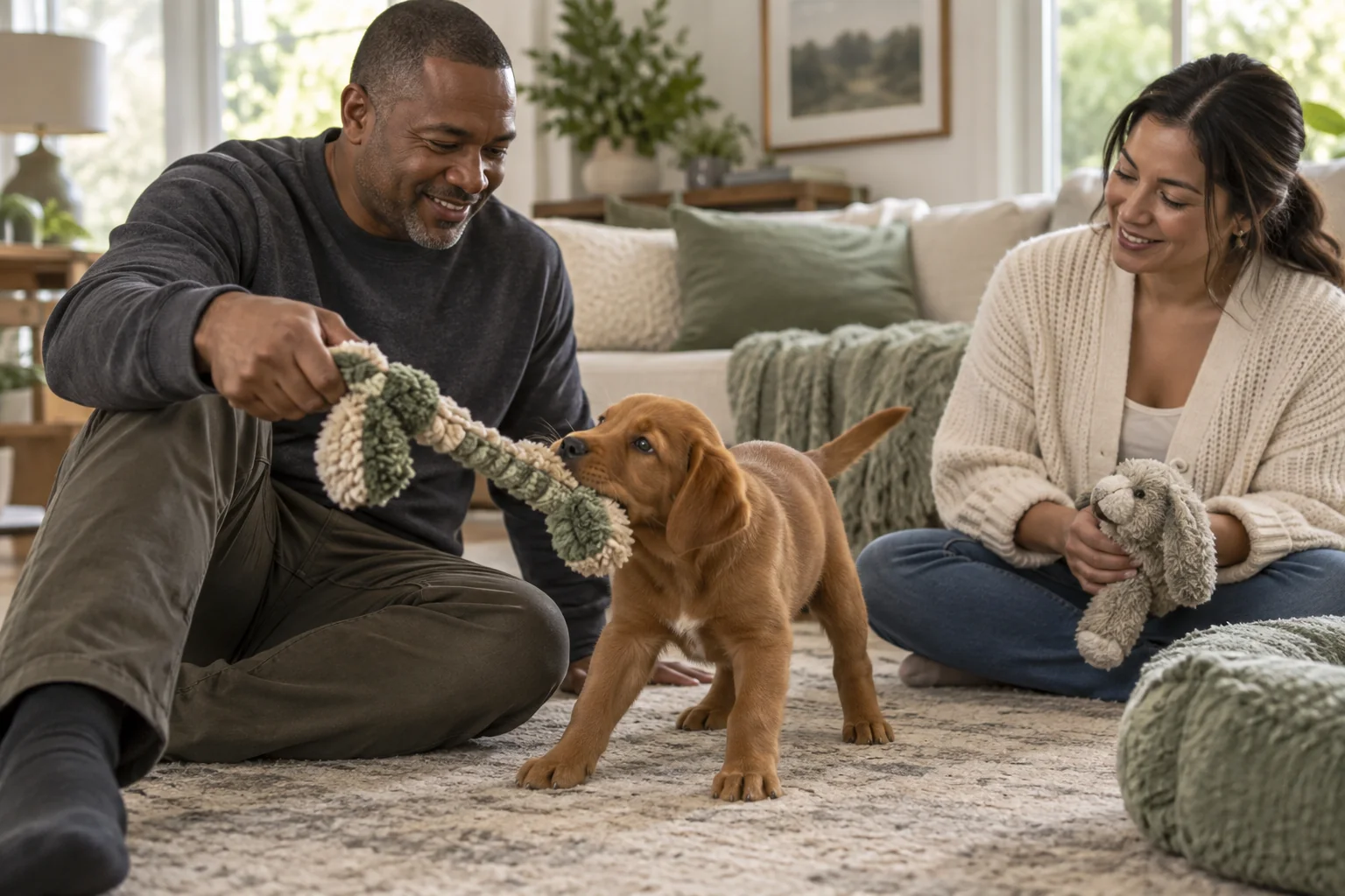 A red Labrador puppy reaching for a soft toy held by the same calm owner.