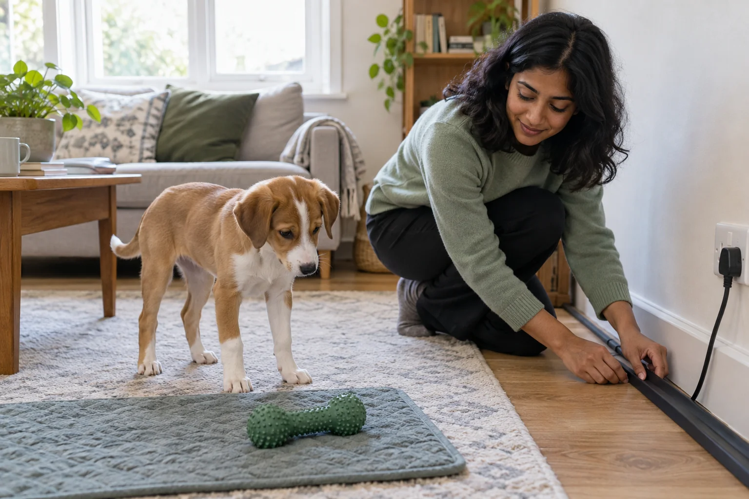 A tan-and-white puppy looks towards a safe chew while its owner secures a cable in a puppy-proofed living room.