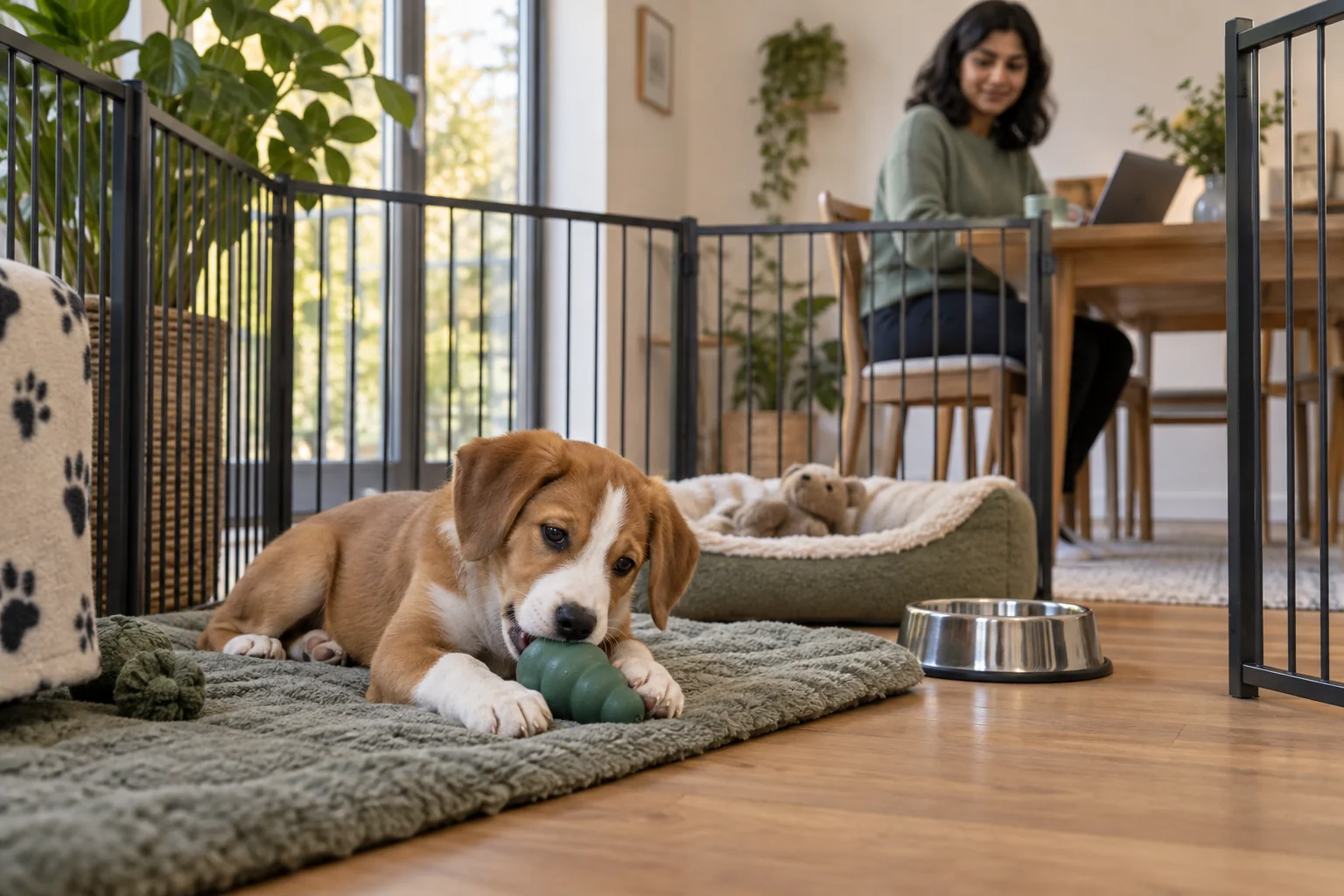 A tan-and-white puppy calmly chews a safe rubber toy on a mat inside a gated area while its owner works nearby.