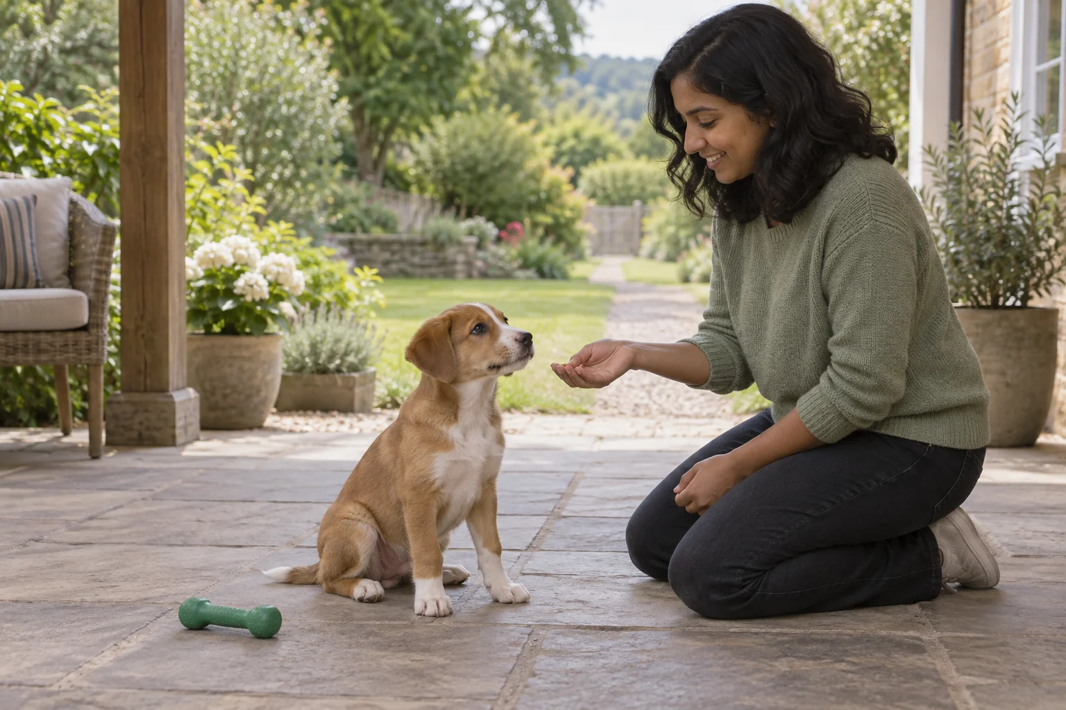 A woman offers a food reward to a calm tan-and-white puppy beside a safe chew on a covered patio.