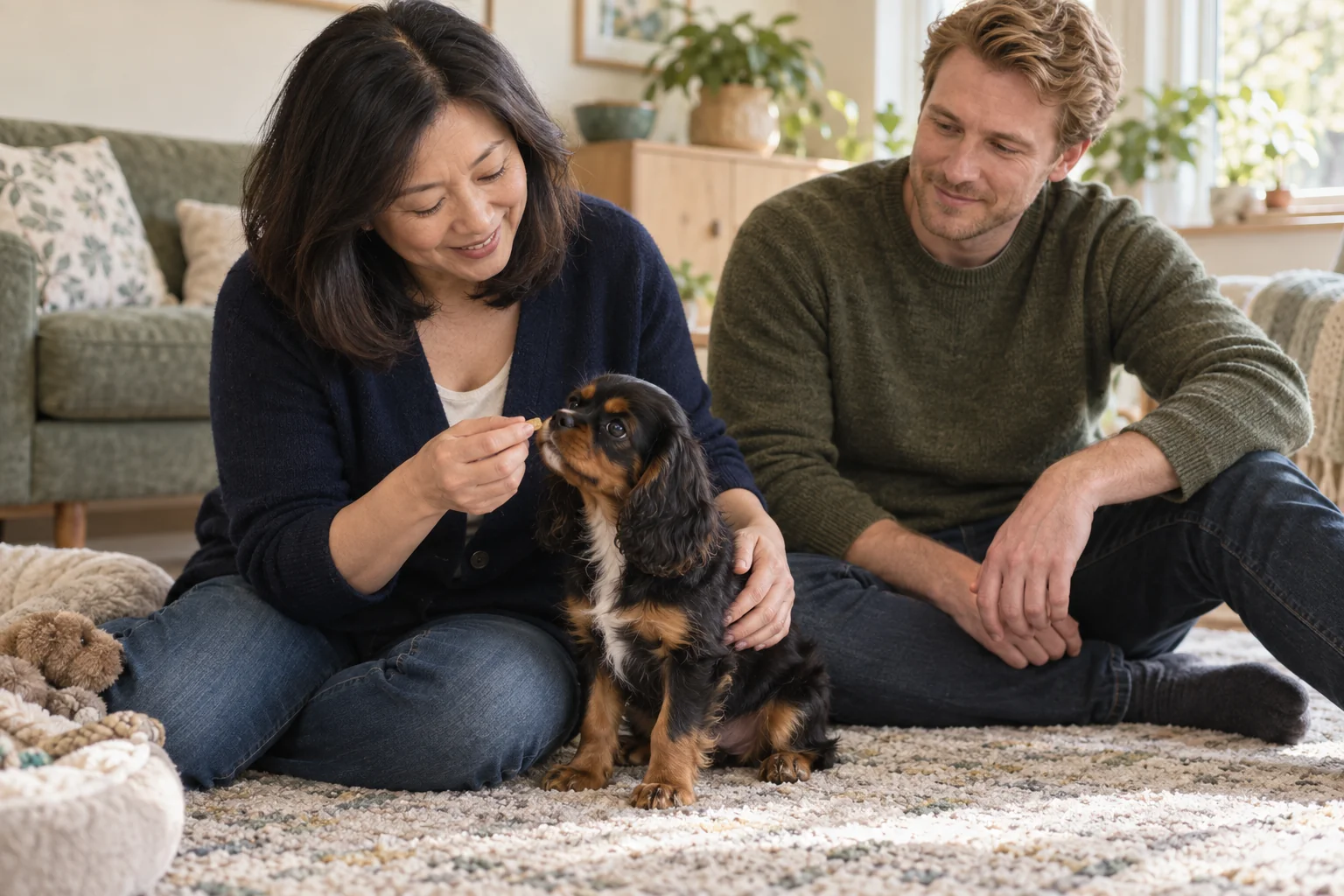 A cavalier puppy calmly receiving a gentle shoulder touch from an adult owner.