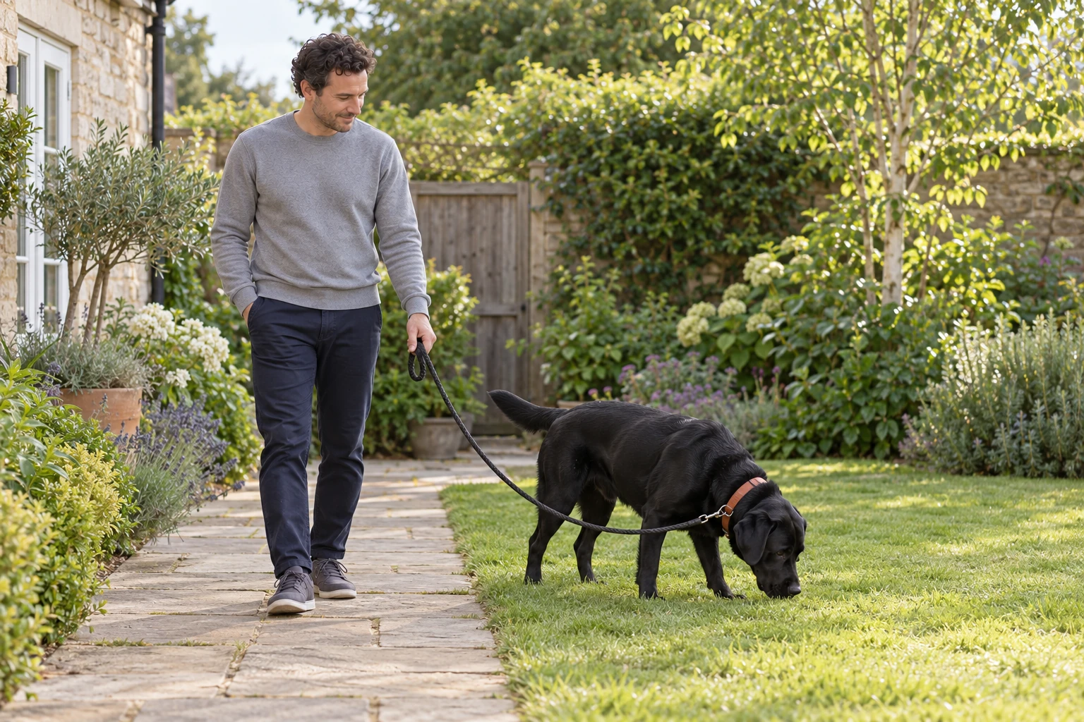The same man in a grey sweatshirt and navy trousers stands beside an adult black Labrador with a rust-coloured collar on a slack lead in a garden.