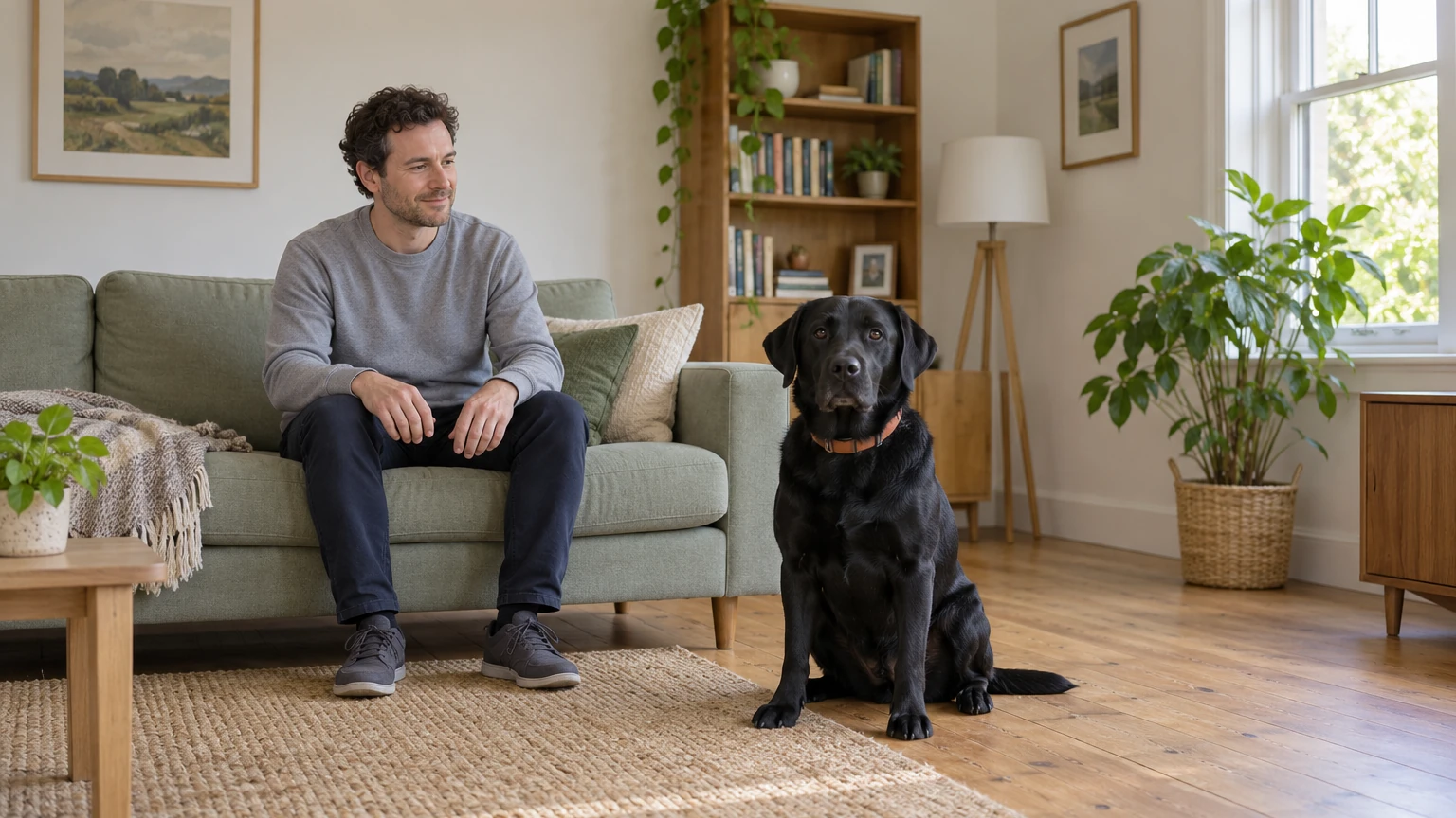 A man in a grey sweatshirt sits beside an adult black Labrador with a rust-coloured collar in a living room.