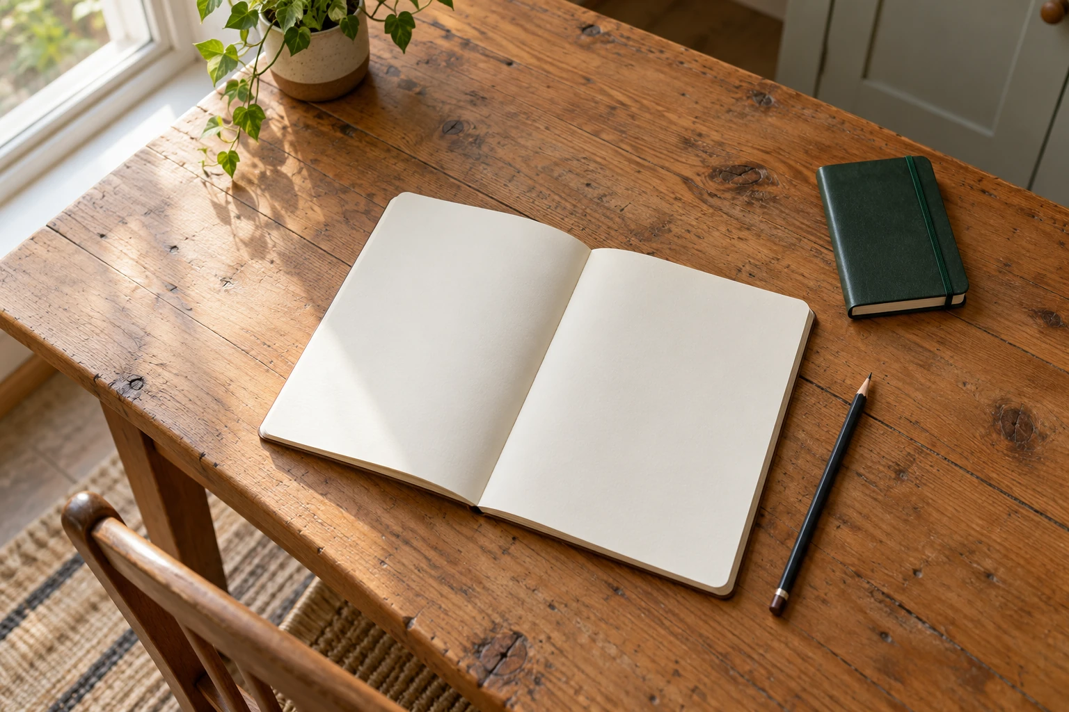 A blank notebook, pen, weekly planner and dog lead arranged on a wooden table.