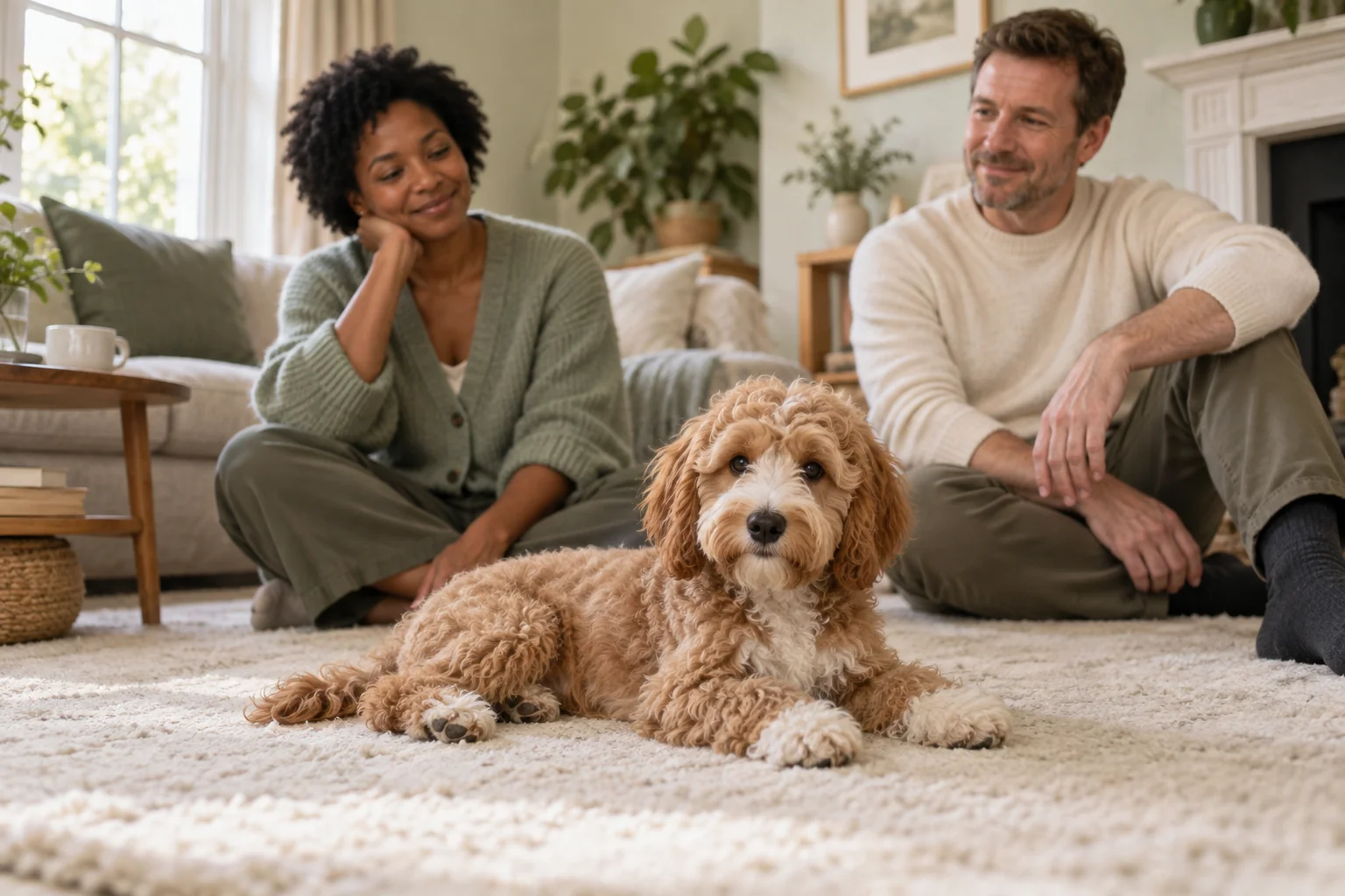 A cockapoo puppy resting beside two calm adults in a pale sage living room.