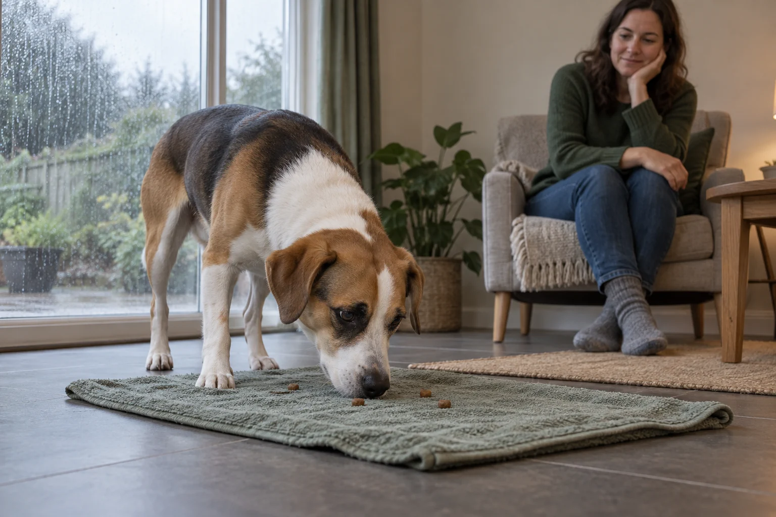 A brown-and-white dog sniffs food scattered on a towel while an owner sits nearby.