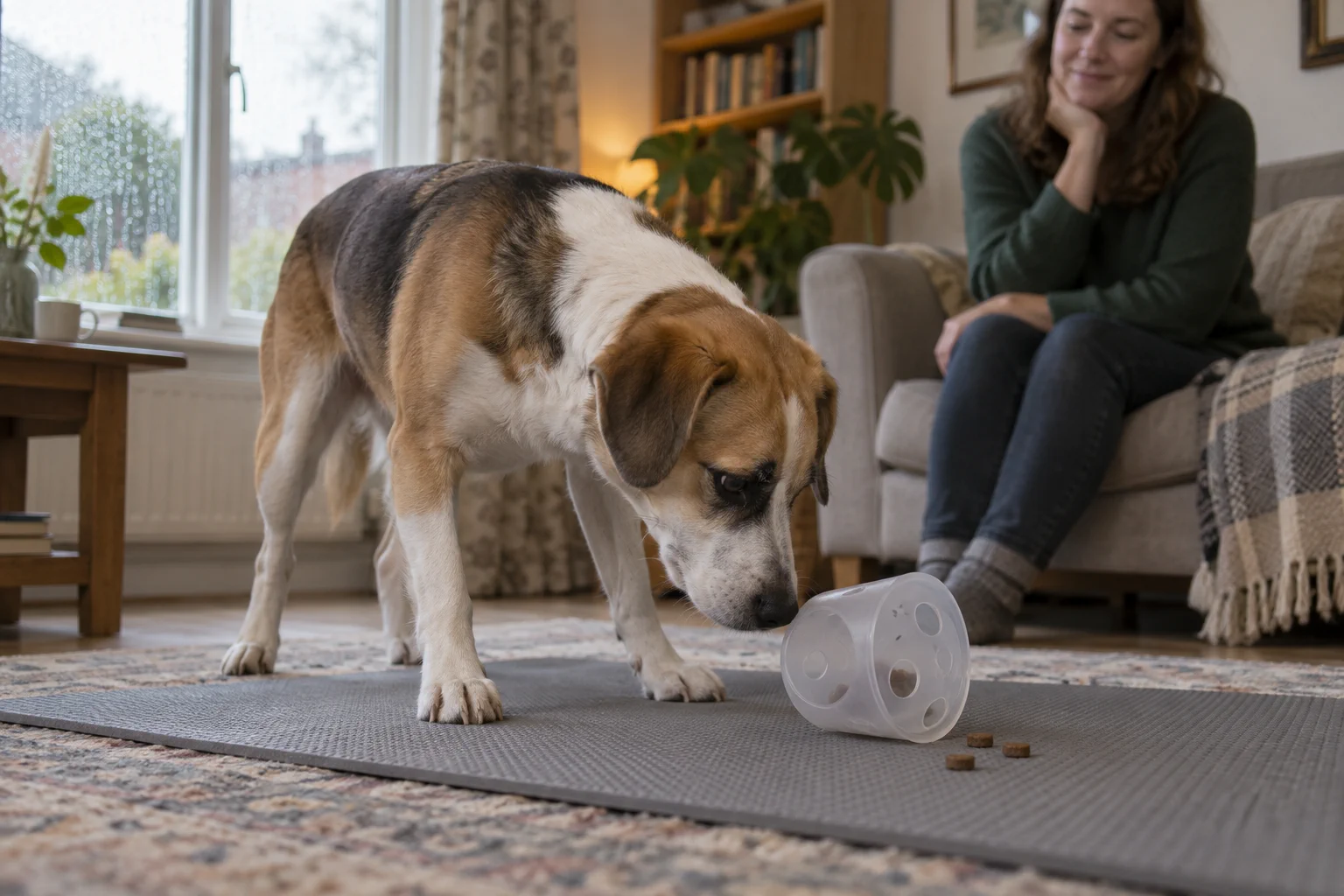 A brown-and-white dog noses a food puzzle on the floor as an owner watches.