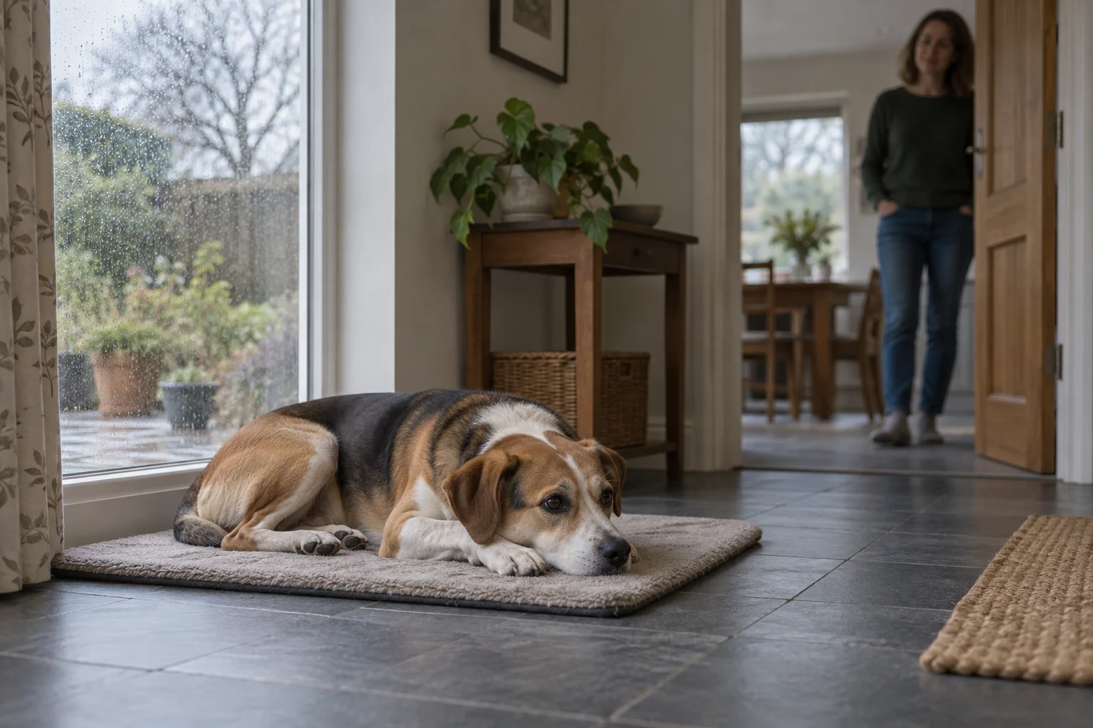 A brown-and-white dog lies on a mat in a quiet room while an owner stands at the doorway.