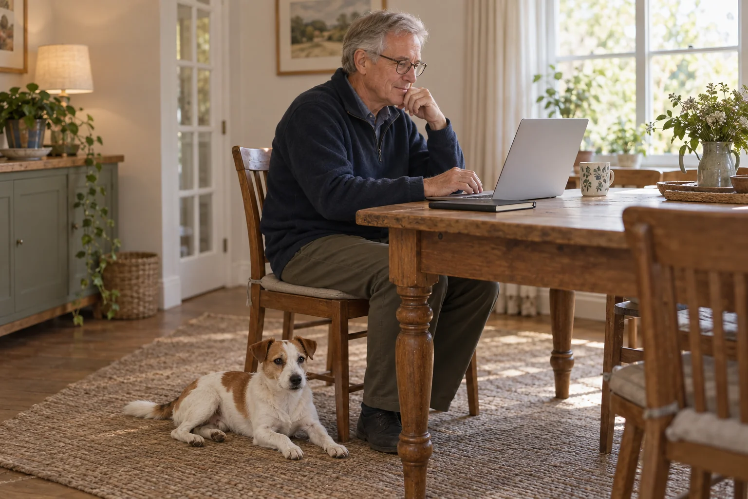 A Jack Russell terrier resting beside its owner as he reviews training material at a table.