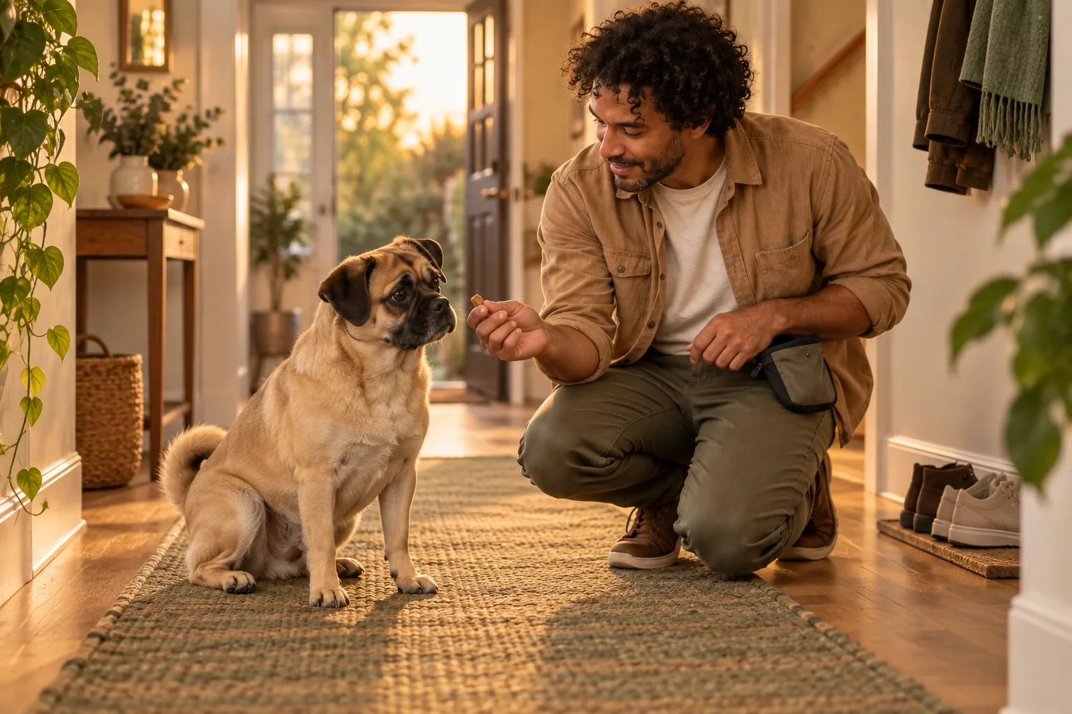 The same owner ends a short hallway session with an easy win for his pug-cross.