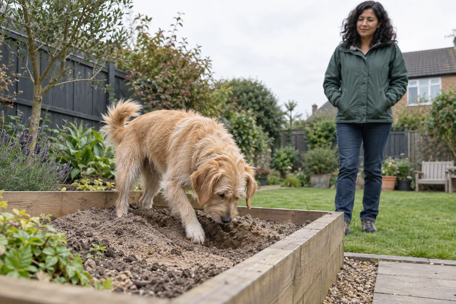 A dog explores a clearly defined digging area in a garden while a handler watches nearby.