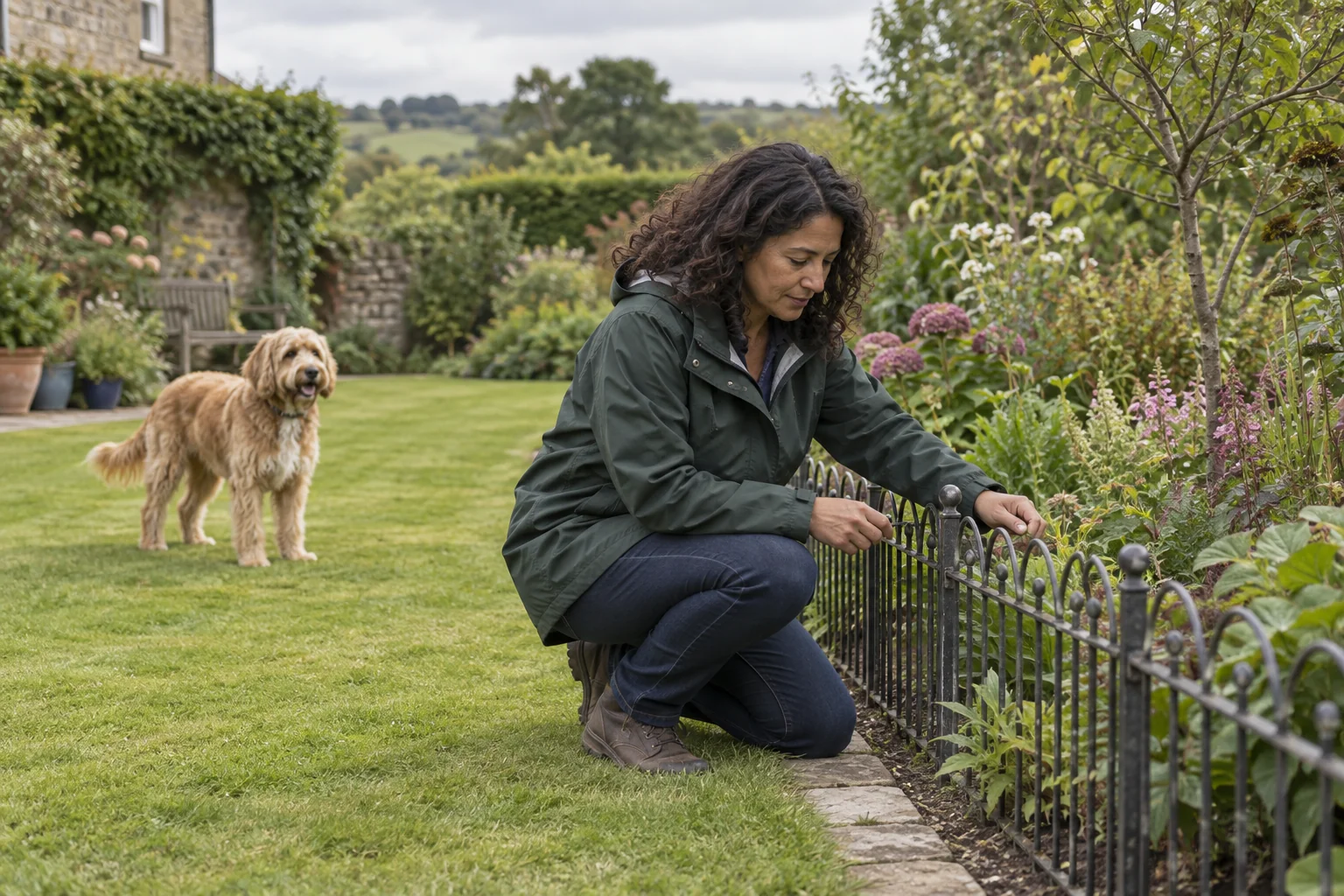 A handler checks a small boundary around a flower bed while a dog stands nearby.