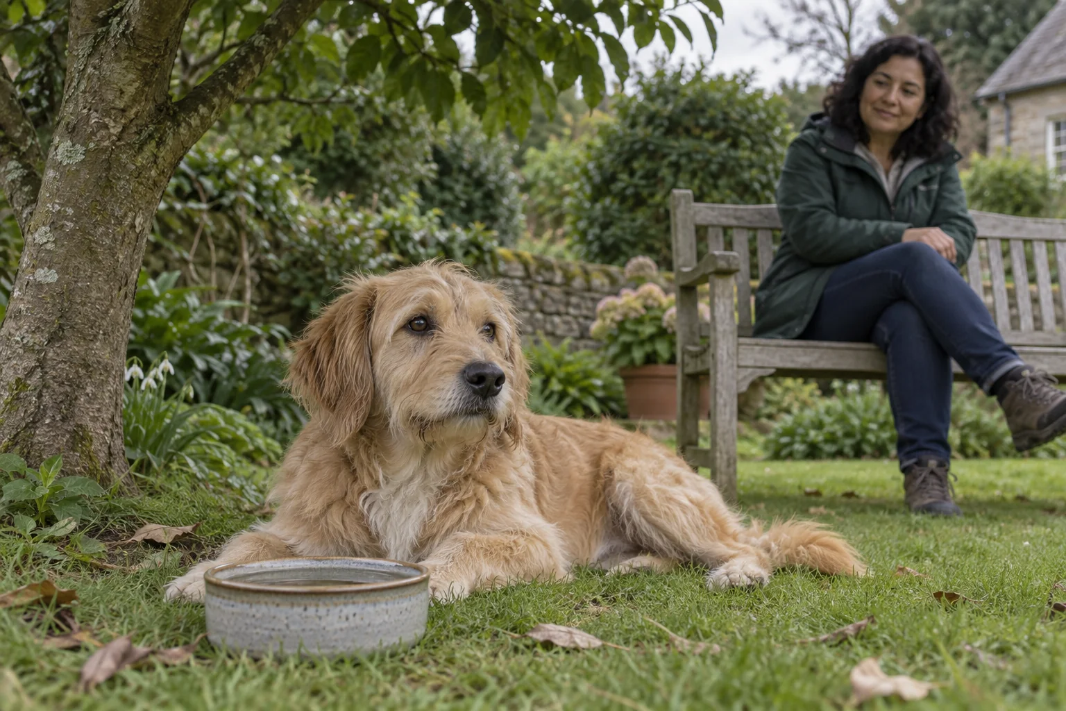 A sandy-gold dog lies on grass under a leafy tree beside a water bowl, with a woman seated on a garden bench.